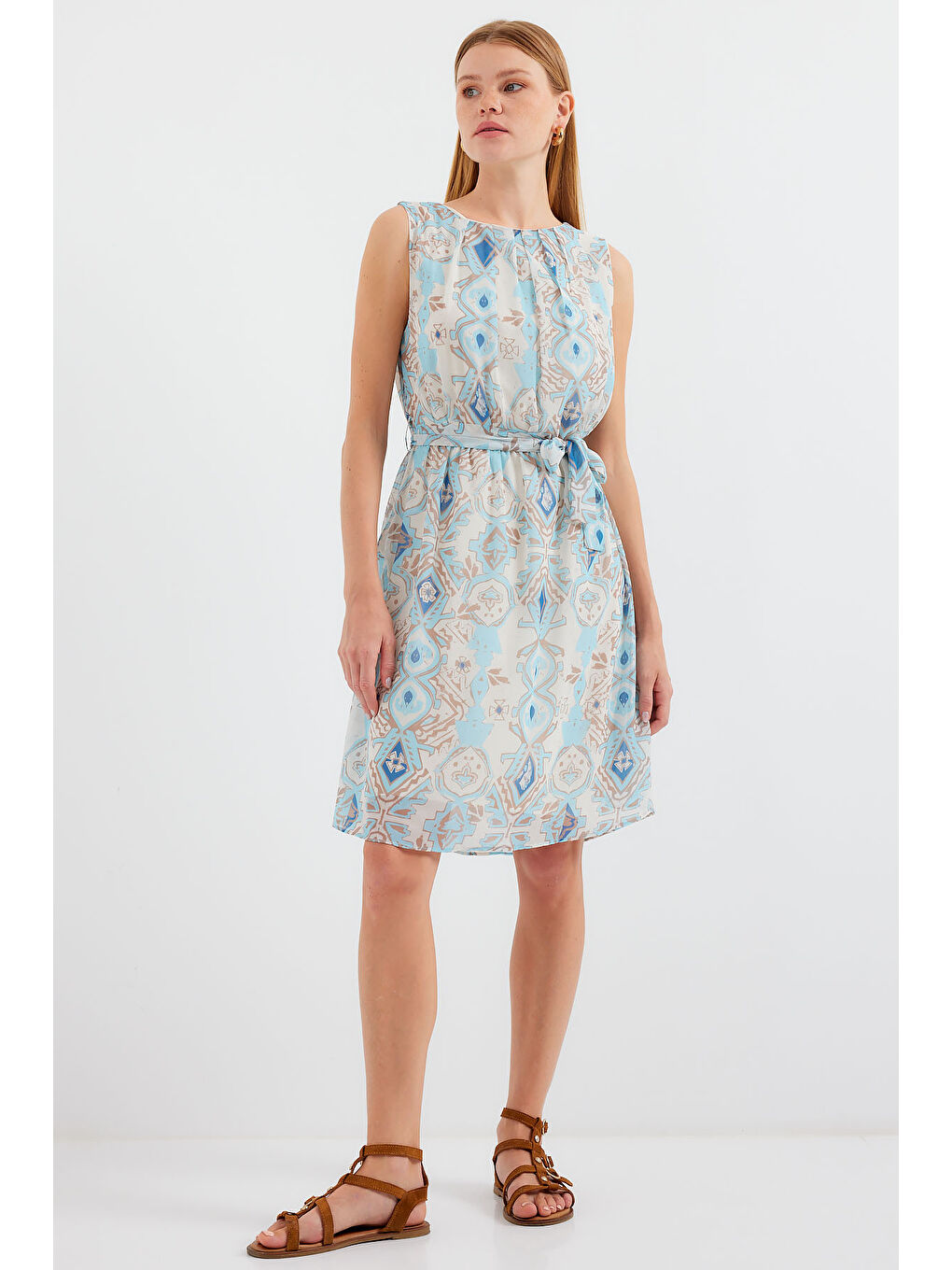 2501 Desenli Sıfır Kol Şifon Elbise - Mavi-2