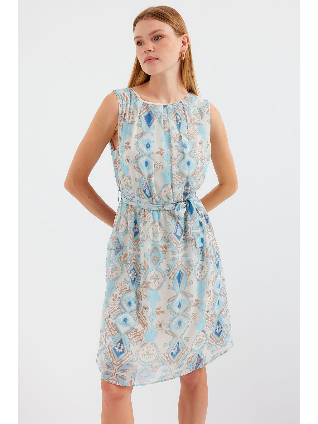 2501 Desenli Sıfır Kol Şifon Elbise - Mavi-3