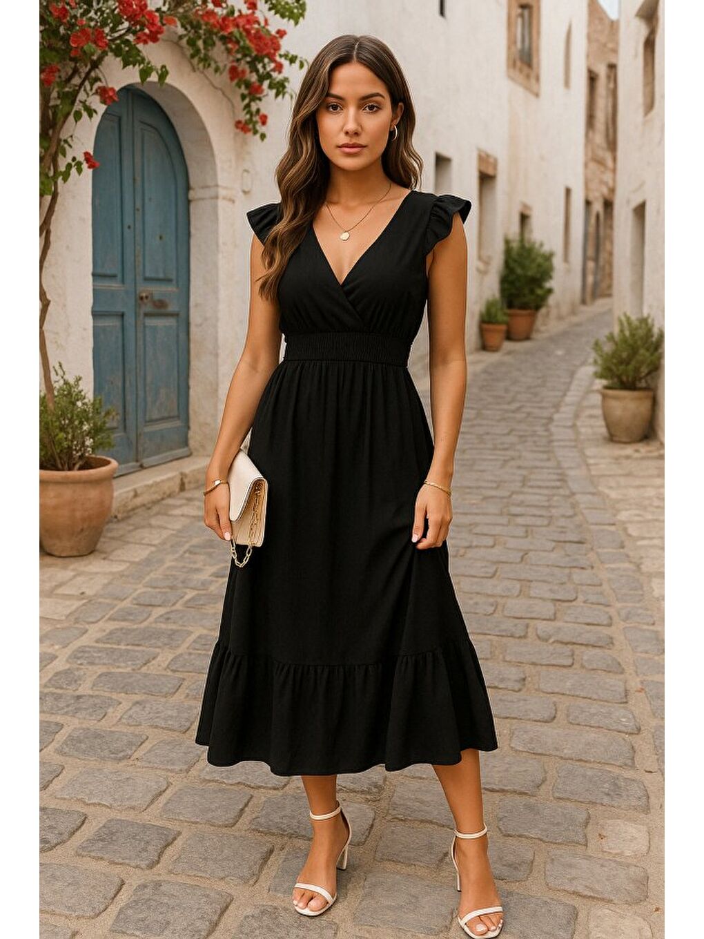 Siyah Kadın Kısa Kollu Kruvaze Yakalı Beli Lastikli Müslim Elbise