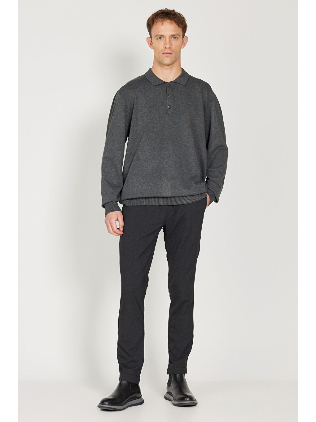 Erkek Antrasit-Melanj Standart Fit Normal Kesim Polo Yaka Triko Kazak-1