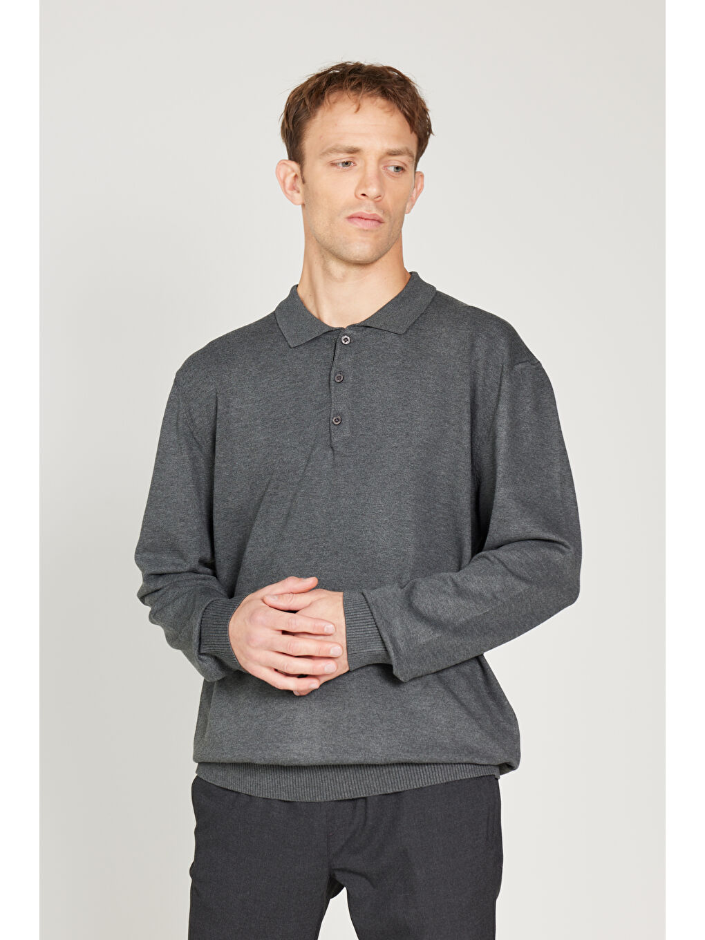 Erkek Antrasit-Melanj Standart Fit Normal Kesim Polo Yaka Triko Kazak-2