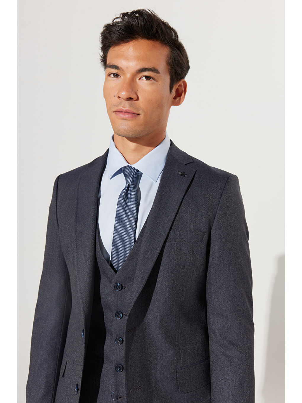 Erkek Lacivert-Gri Slim Fit Dar Kesim Mono Yaka Desenli Yünlü Yelekli Takım Elbise-7