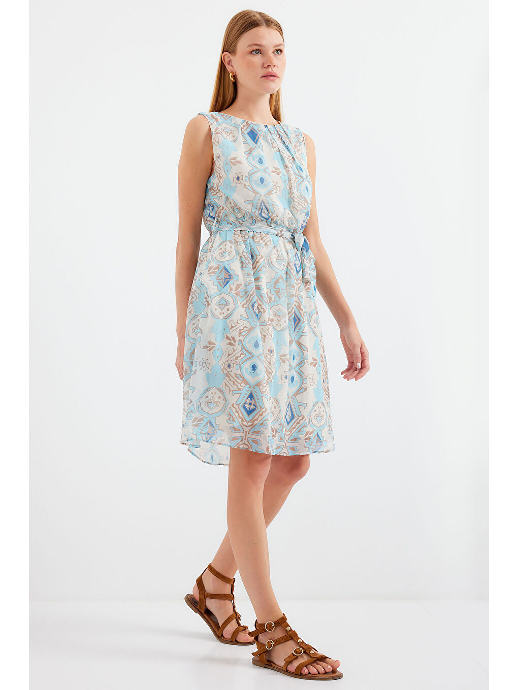 2501 Desenli Sıfır Kol Şifon Elbise - Mavi-4