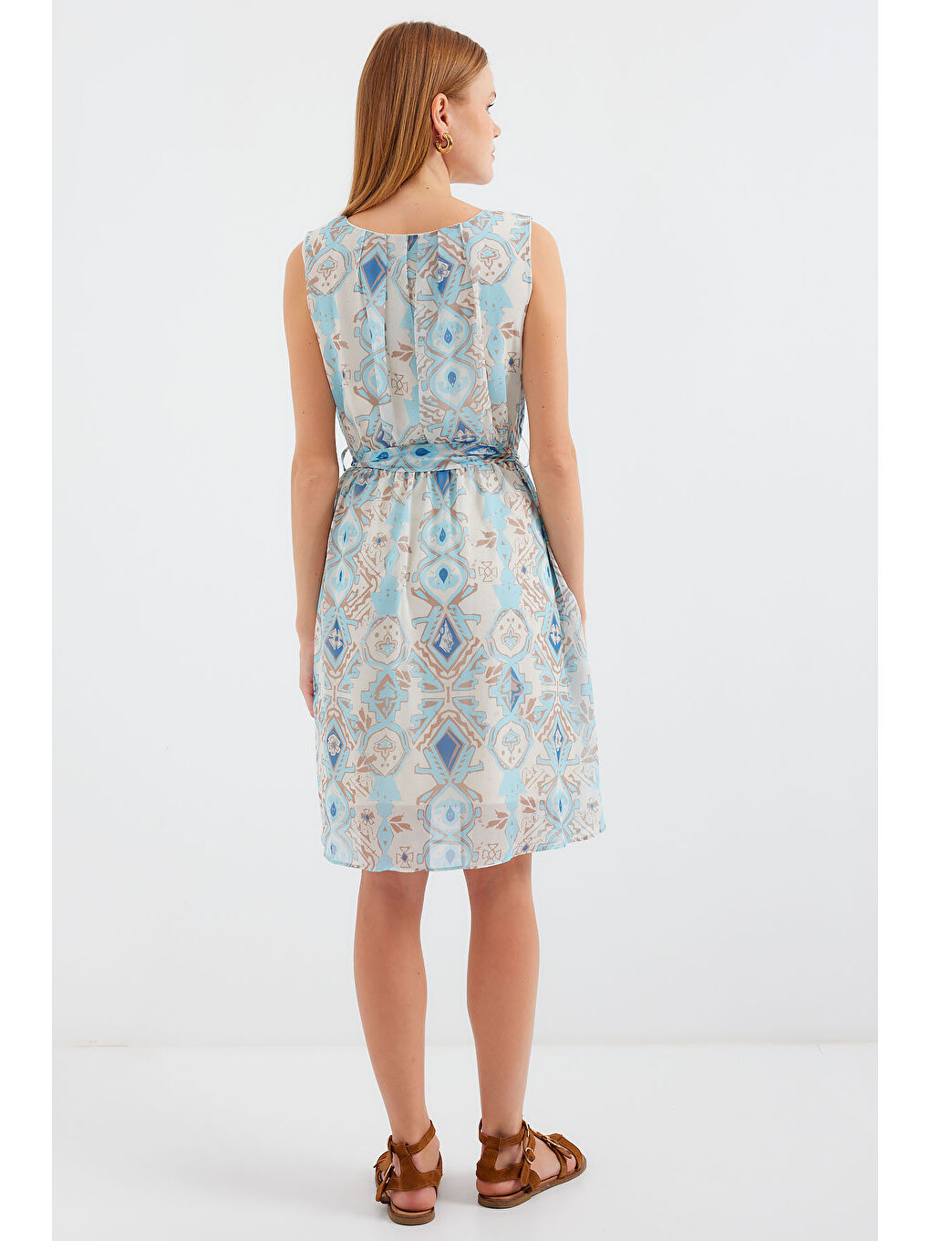 2501 Desenli Sıfır Kol Şifon Elbise - Mavi-6