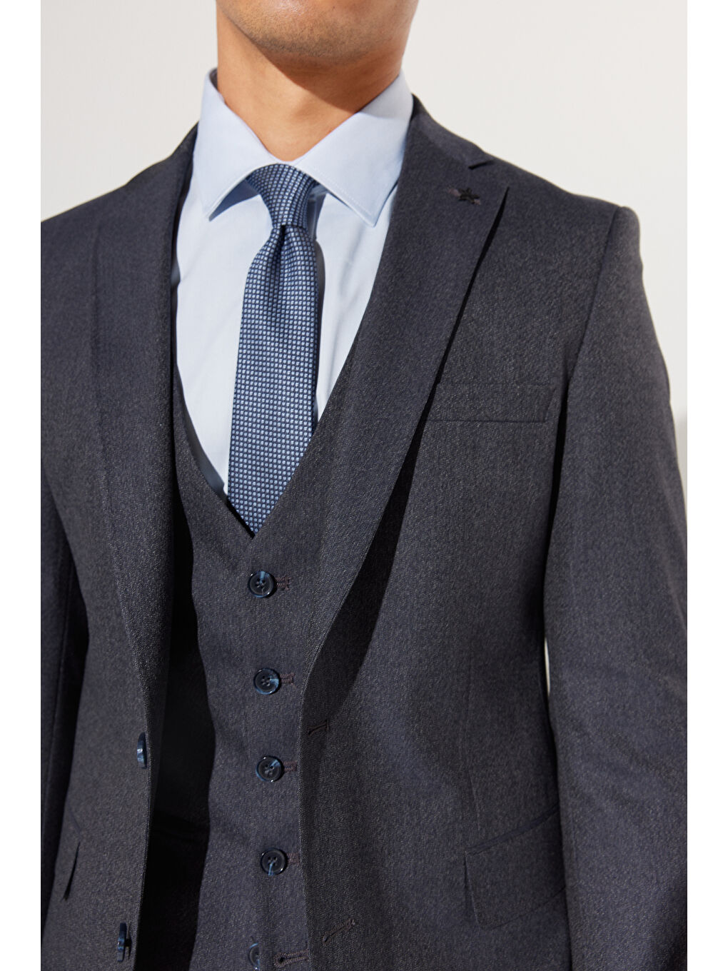 Erkek Lacivert-Gri Slim Fit Dar Kesim Mono Yaka Desenli Yünlü Yelekli Takım Elbise-8