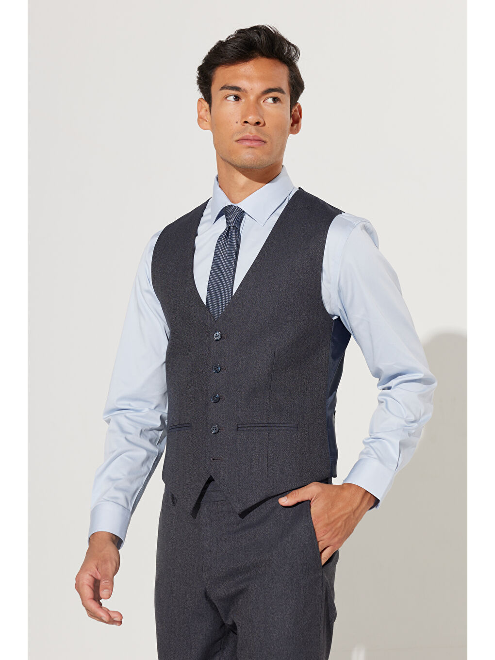 Erkek Lacivert-Gri Slim Fit Dar Kesim Mono Yaka Desenli Yünlü Yelekli Takım Elbise-9