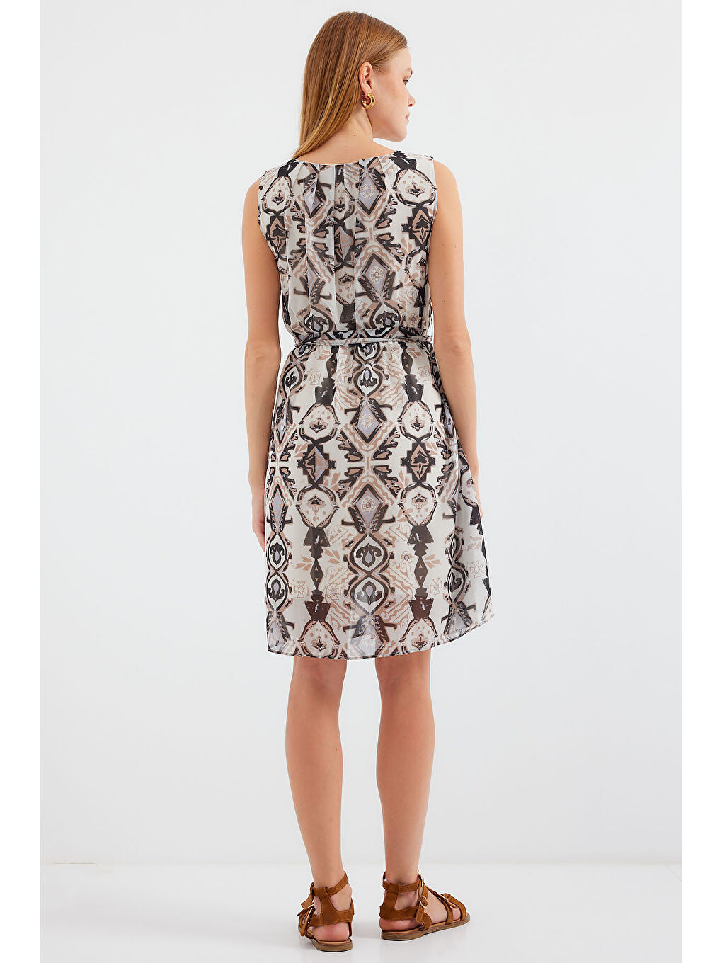 2501 Desenli Sıfır Kol Şifon Elbise - Siyah-5