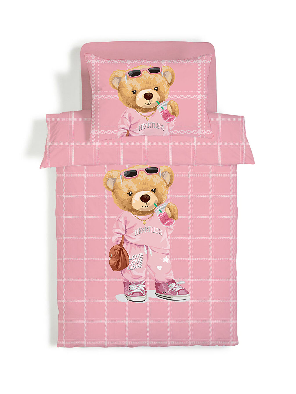 Karışık Tedy Desenli Çarşafsız 2 li Takım Baskılı Tek Kişilik Nevresim Takımı 160x220 cm-1