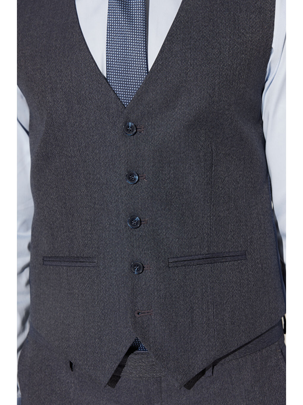 Erkek Lacivert-Gri Slim Fit Dar Kesim Mono Yaka Desenli Yünlü Yelekli Takım Elbise-10