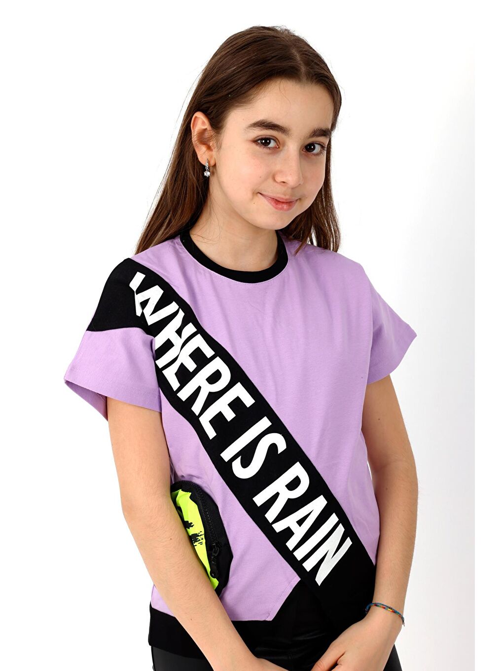 Mor Kız Çocuk Garnili Yarasa Kol Tshirt 10-15 Yaş 13982