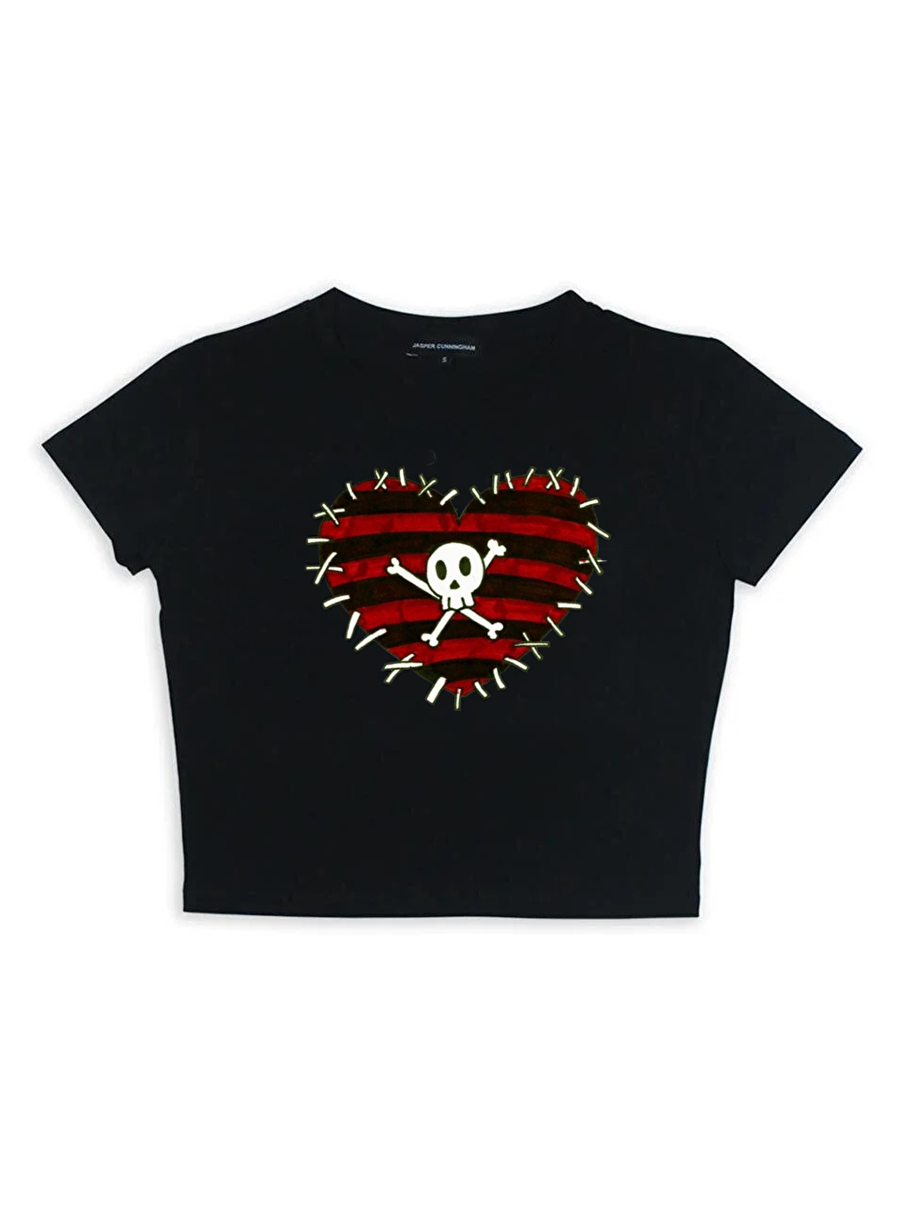 Touz Moda Siyah Skull And Heart Baskılı Siyah Crop