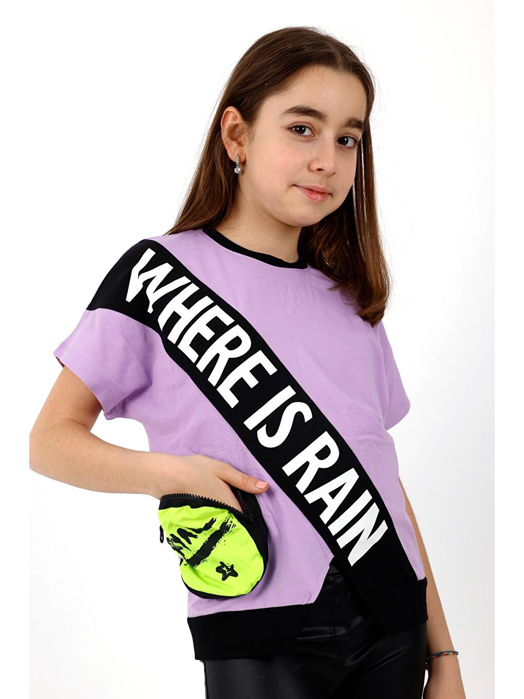 Mor Kız Çocuk Garnili Yarasa Kol Tshirt 10-15 Yaş 13982-1