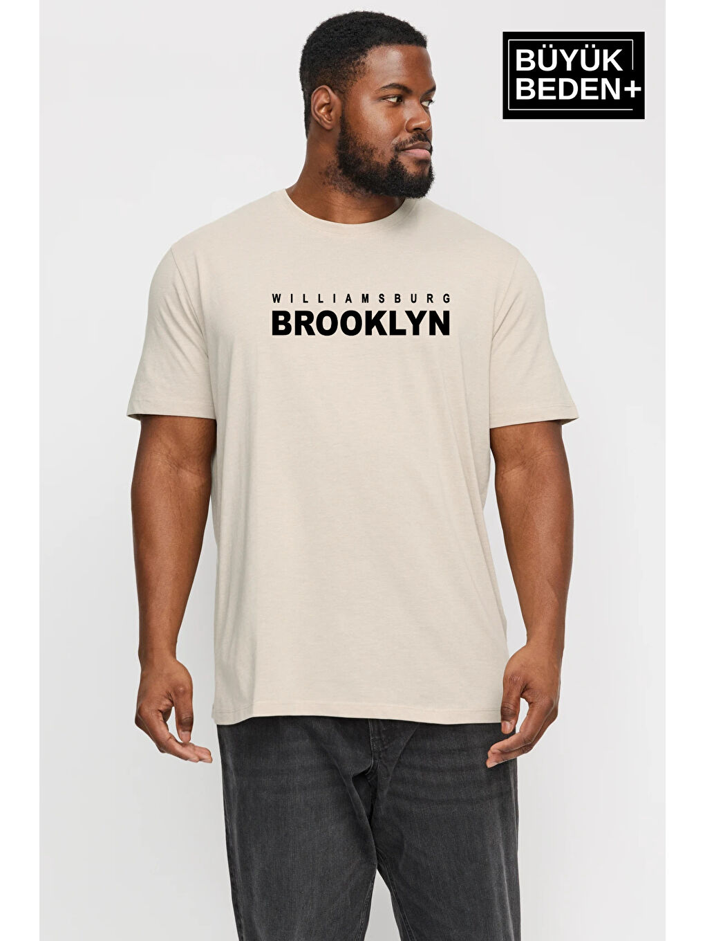 Bej Erkek Büyük Beden Willams.Brooklyn Baskılı Bisiklet Yaka Tişört SPR25BTS15-1