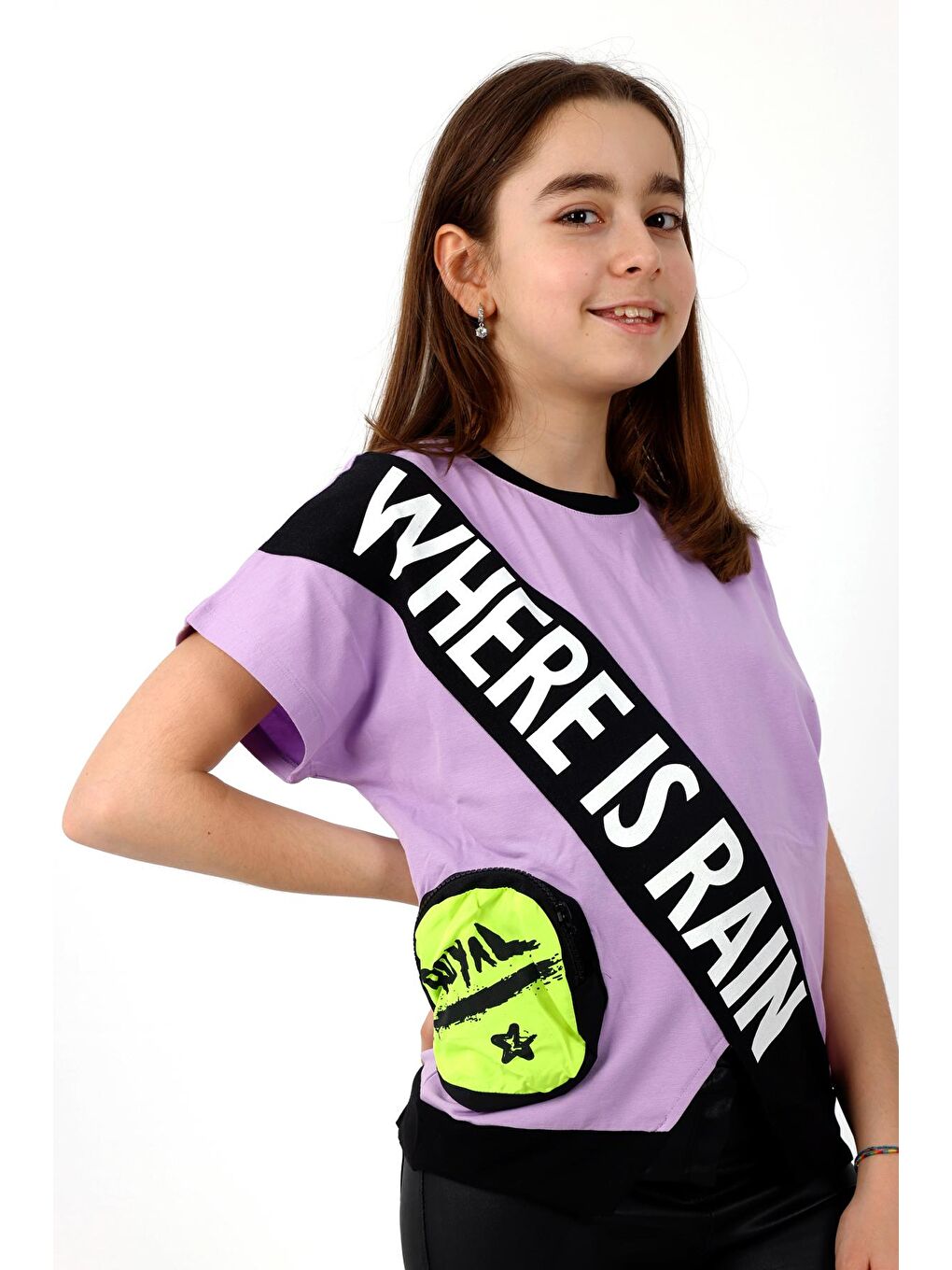 Mor Kız Çocuk Garnili Yarasa Kol Tshirt 10-15 Yaş 13982-2