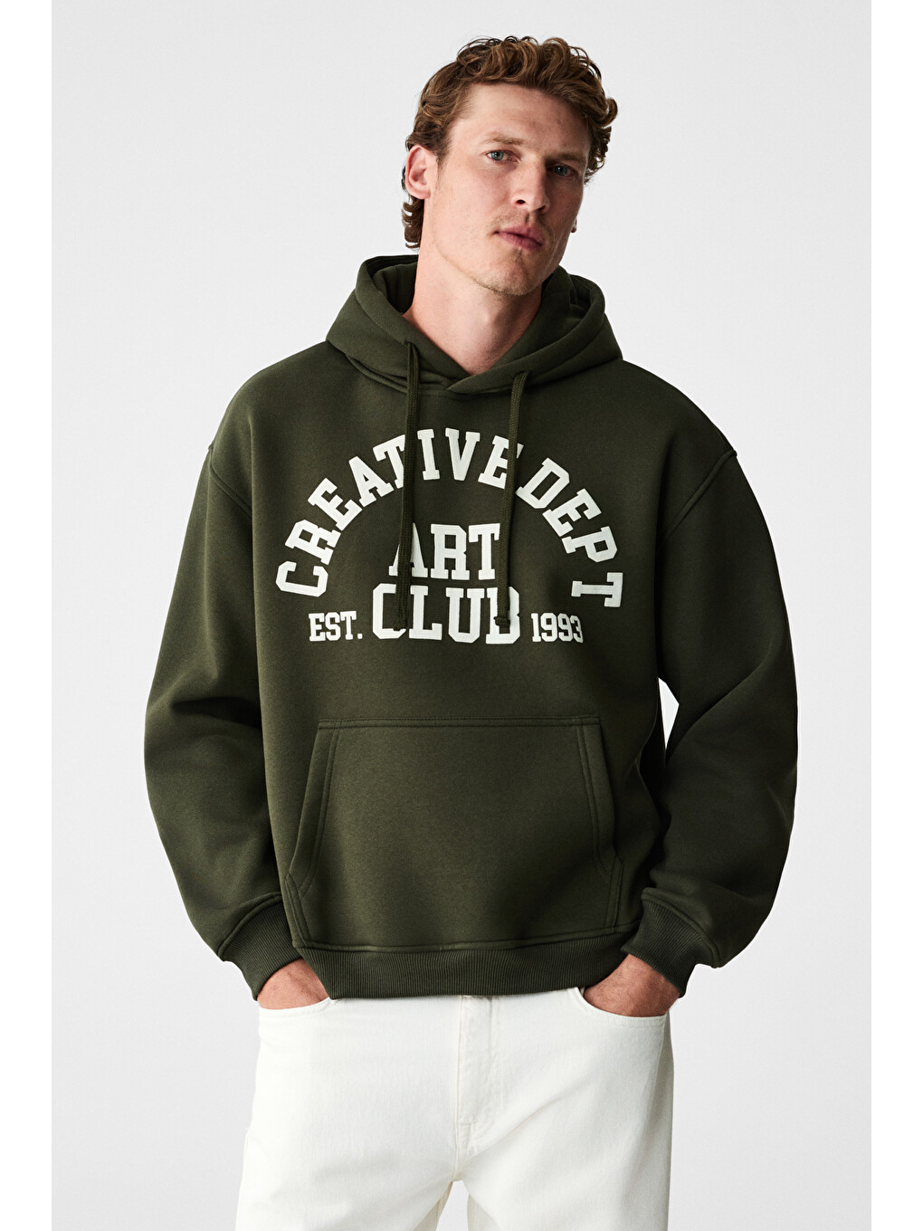 Cassıan Erkek Önü Kabaran Baskılı Kapüşonlu Kordonlu Kanguru Cepli Haki Sweatshirt-1