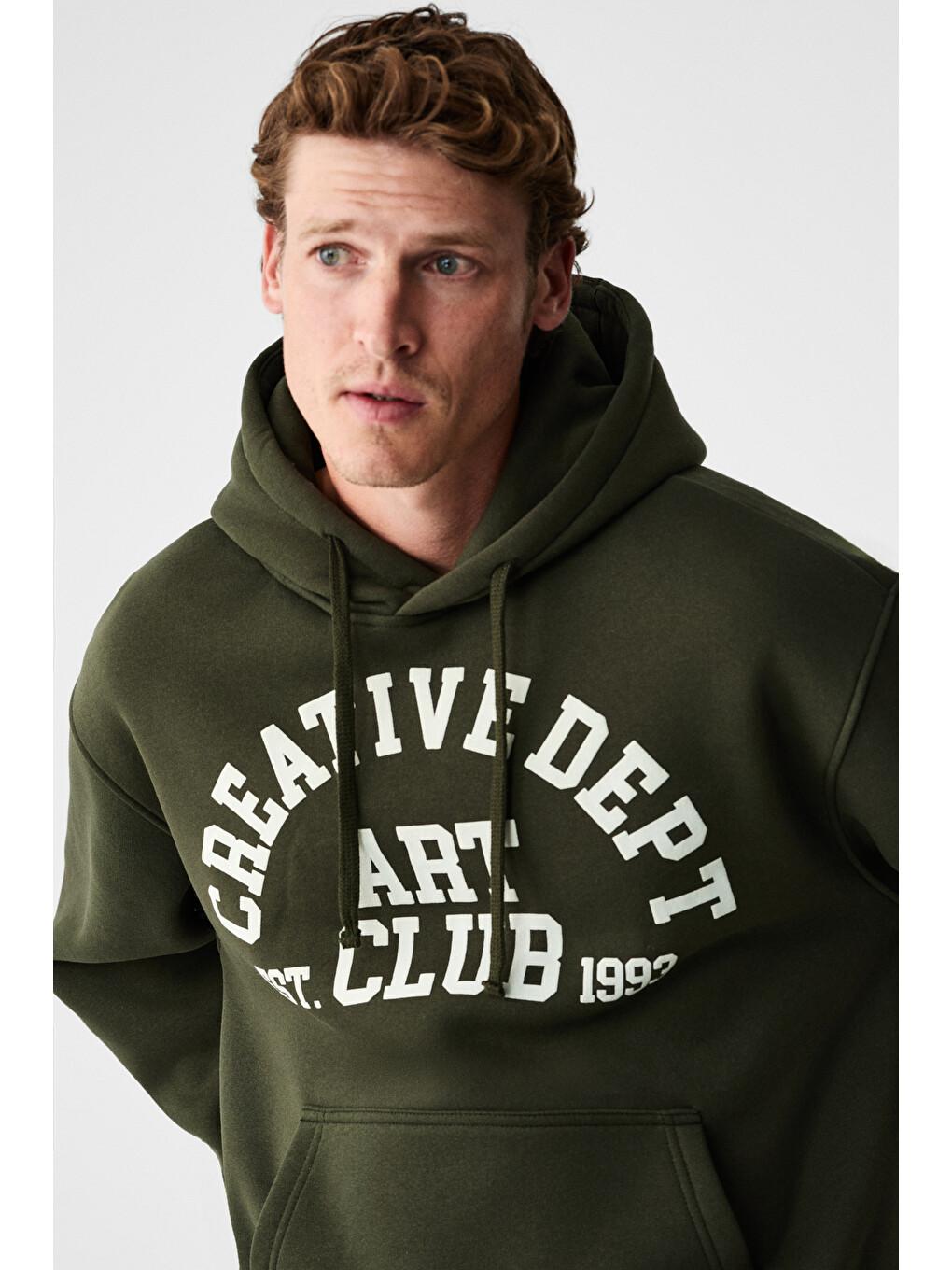 Cassıan Erkek Önü Kabaran Baskılı Kapüşonlu Kordonlu Kanguru Cepli Haki Sweatshirt-2
