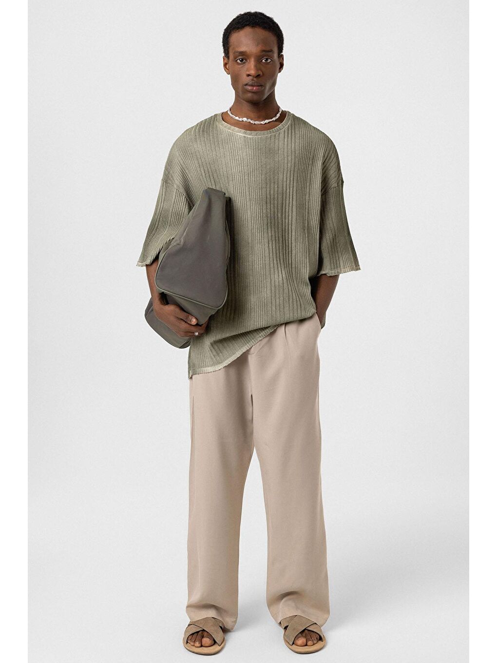 Yıkamalı Oversize Triko Tişört Haki