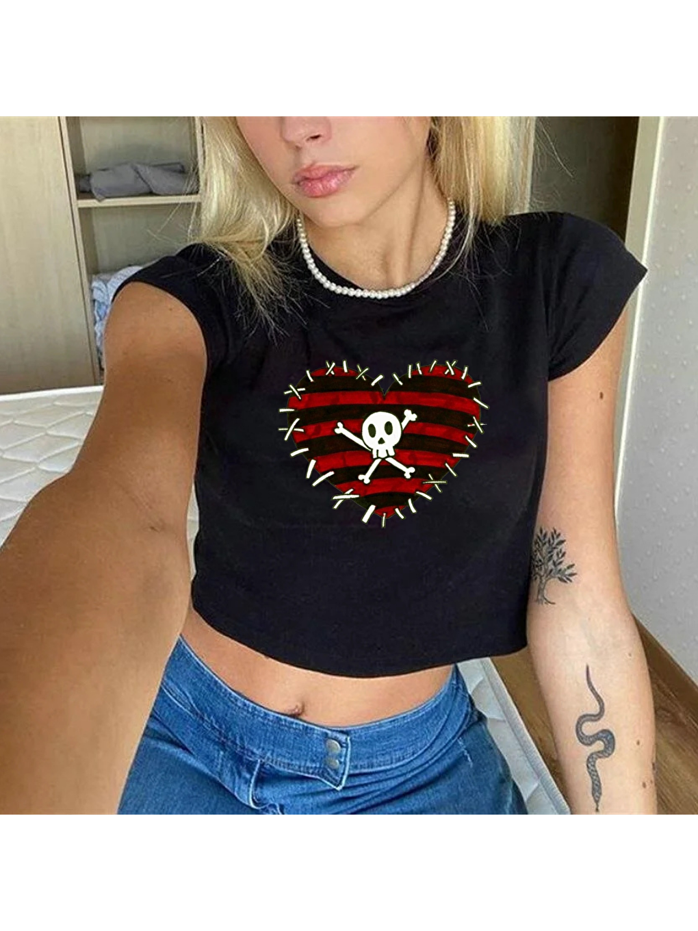 Touz Moda Siyah Skull And Heart Baskılı Siyah Crop - 1