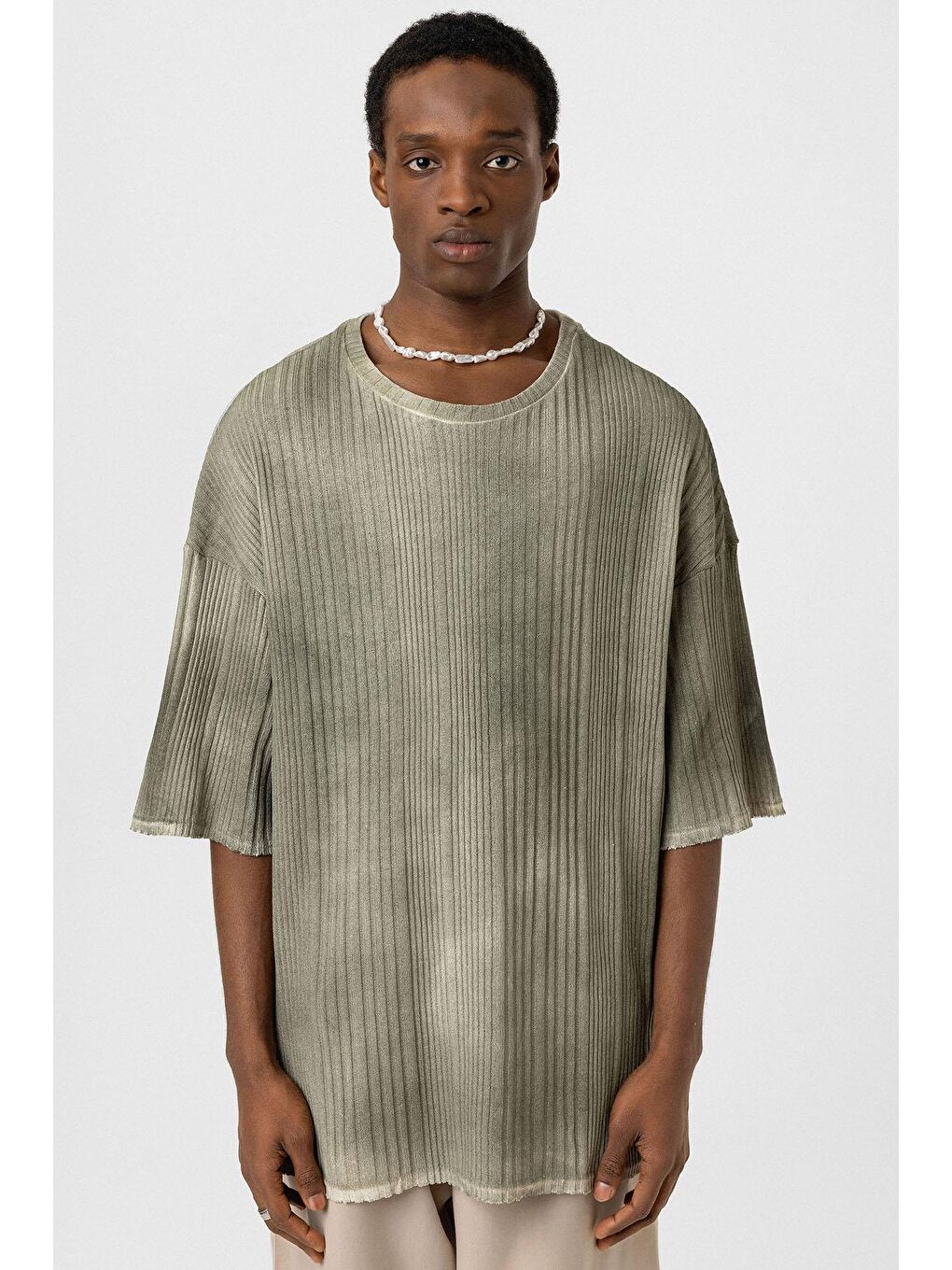 Yıkamalı Oversize Triko Tişört Haki-2