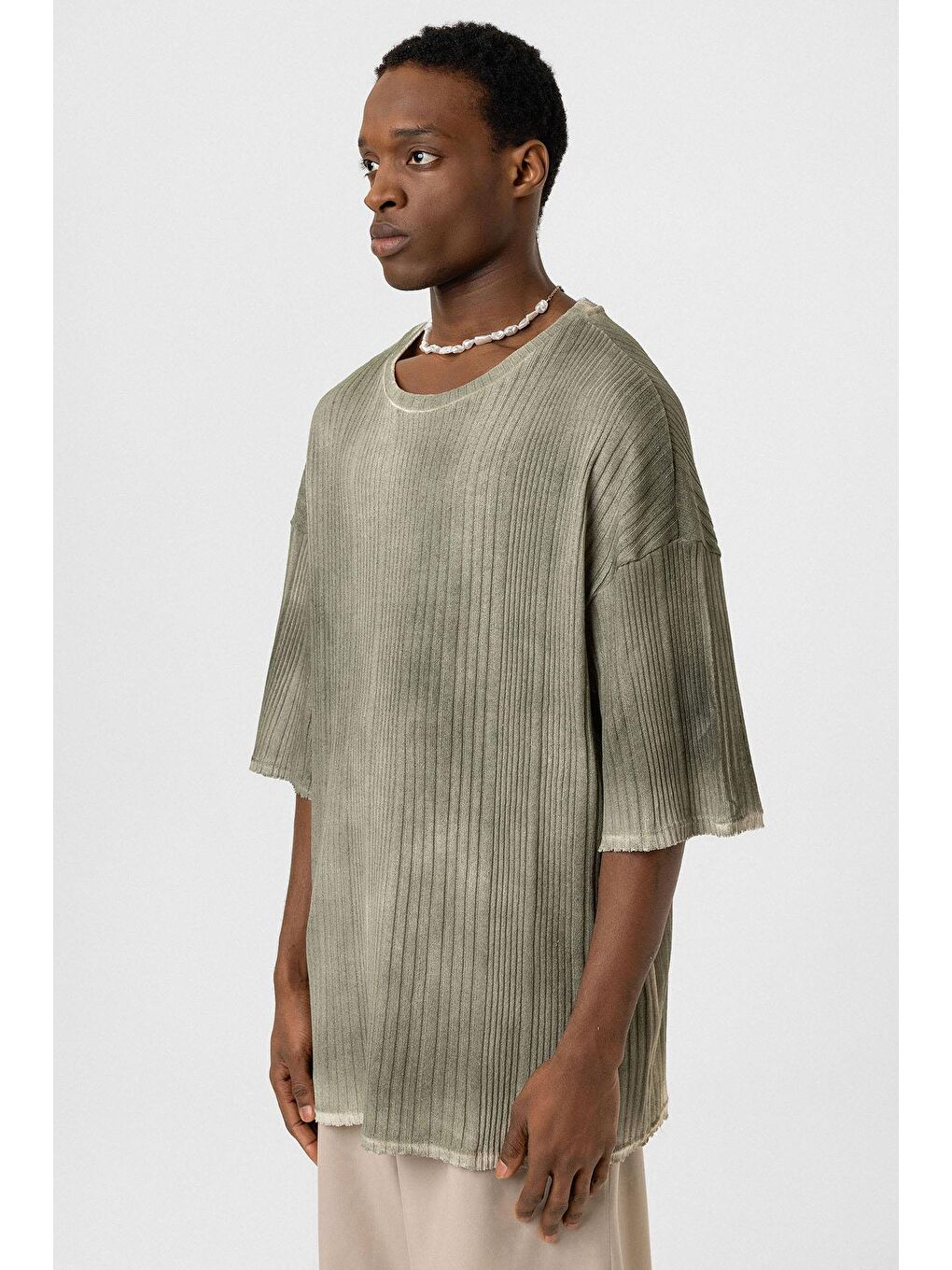 Yıkamalı Oversize Triko Tişört Haki-3