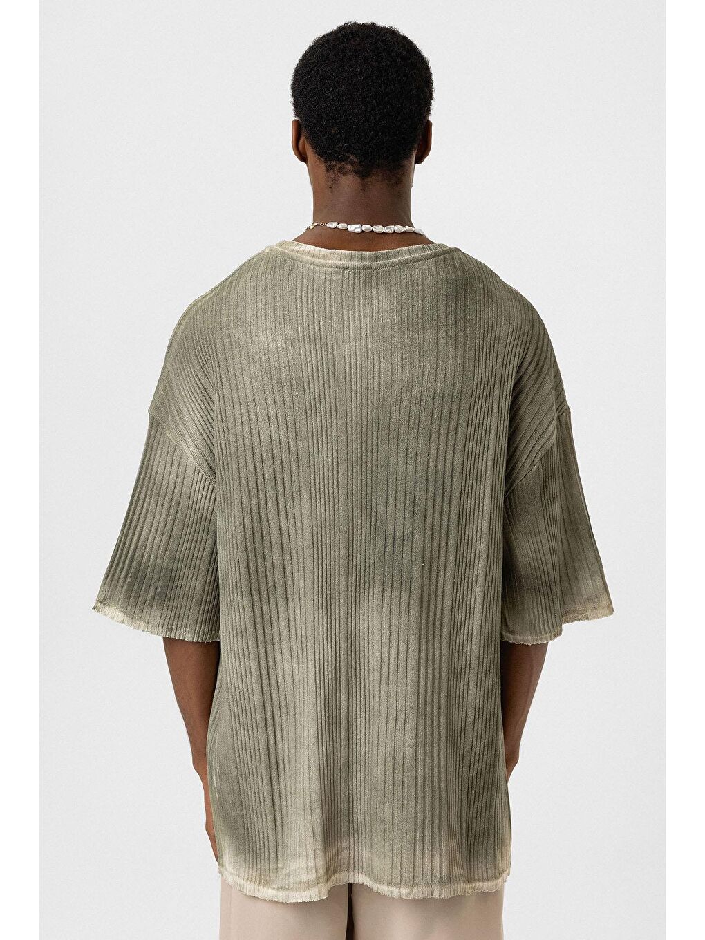 Yıkamalı Oversize Triko Tişört Haki-4