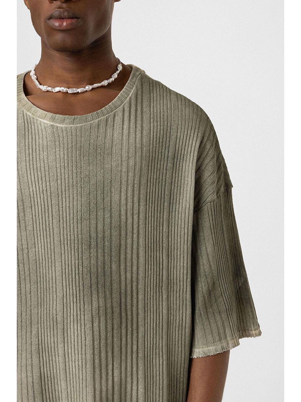 Yıkamalı Oversize Triko Tişört Haki-5