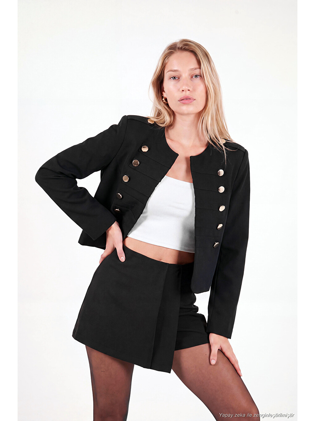 Siyah Bisiklet Yaka Düğme Detaylı Apoletli Napolyon Kadın Ceket 611ce92-2