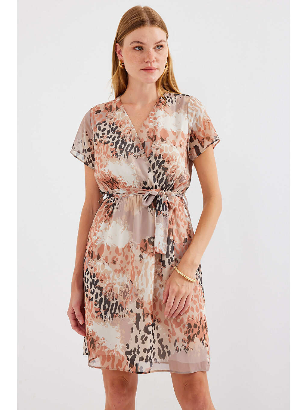 2502 Kısa Kol Desenli Şifon Elbise - Bej-2