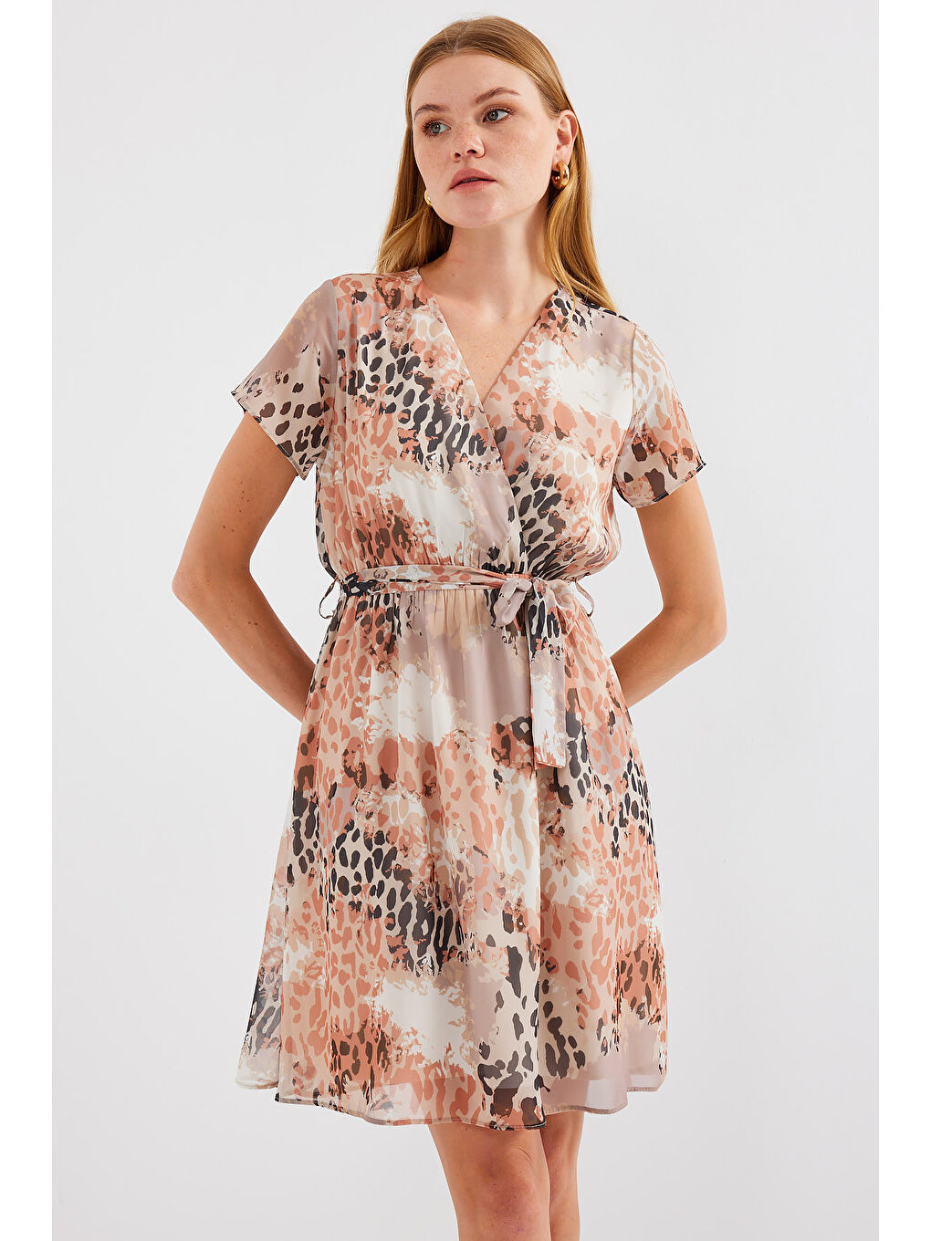 2502 Kısa Kol Desenli Şifon Elbise - Bej-3