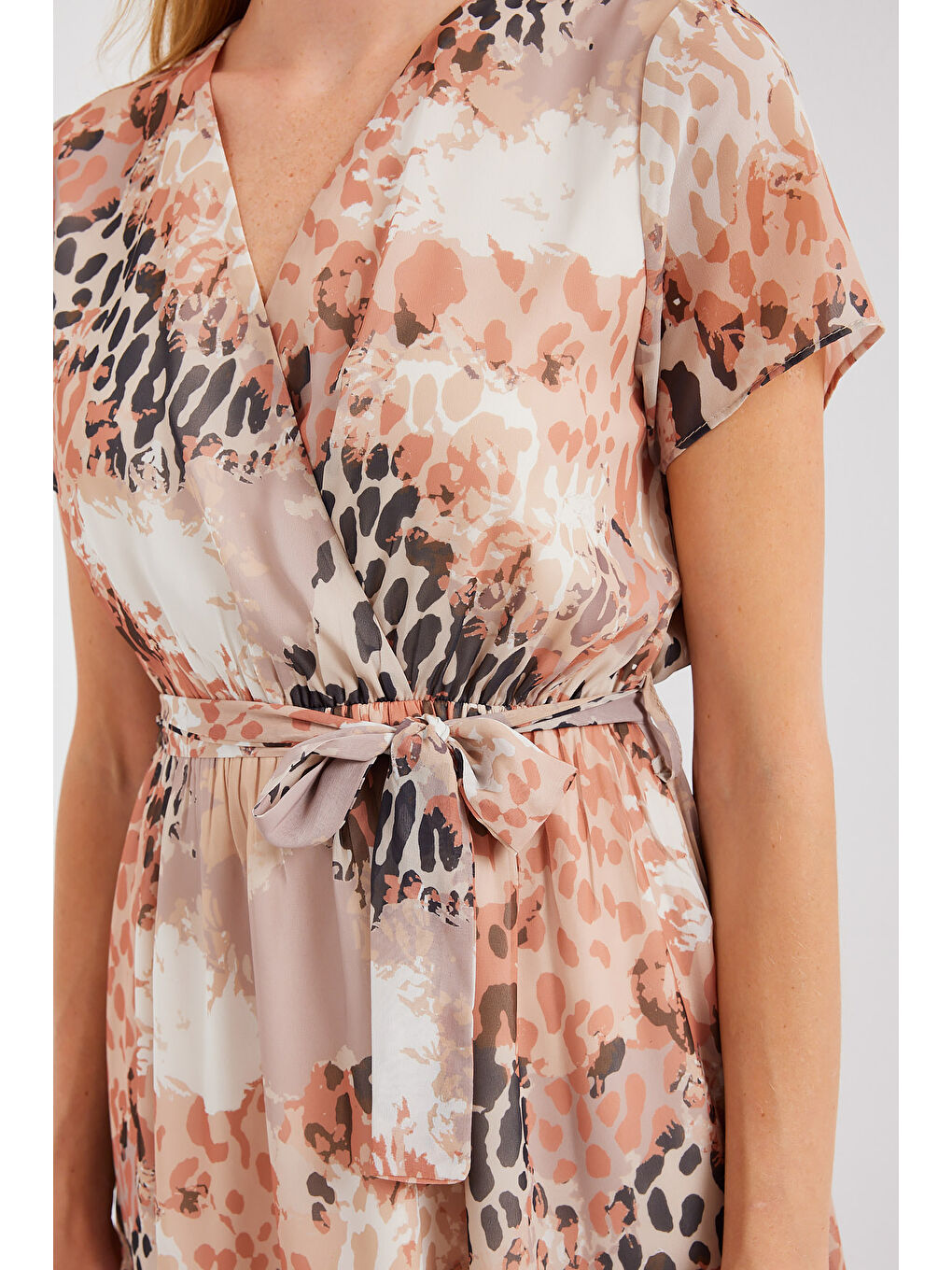 2502 Kısa Kol Desenli Şifon Elbise - Bej-4