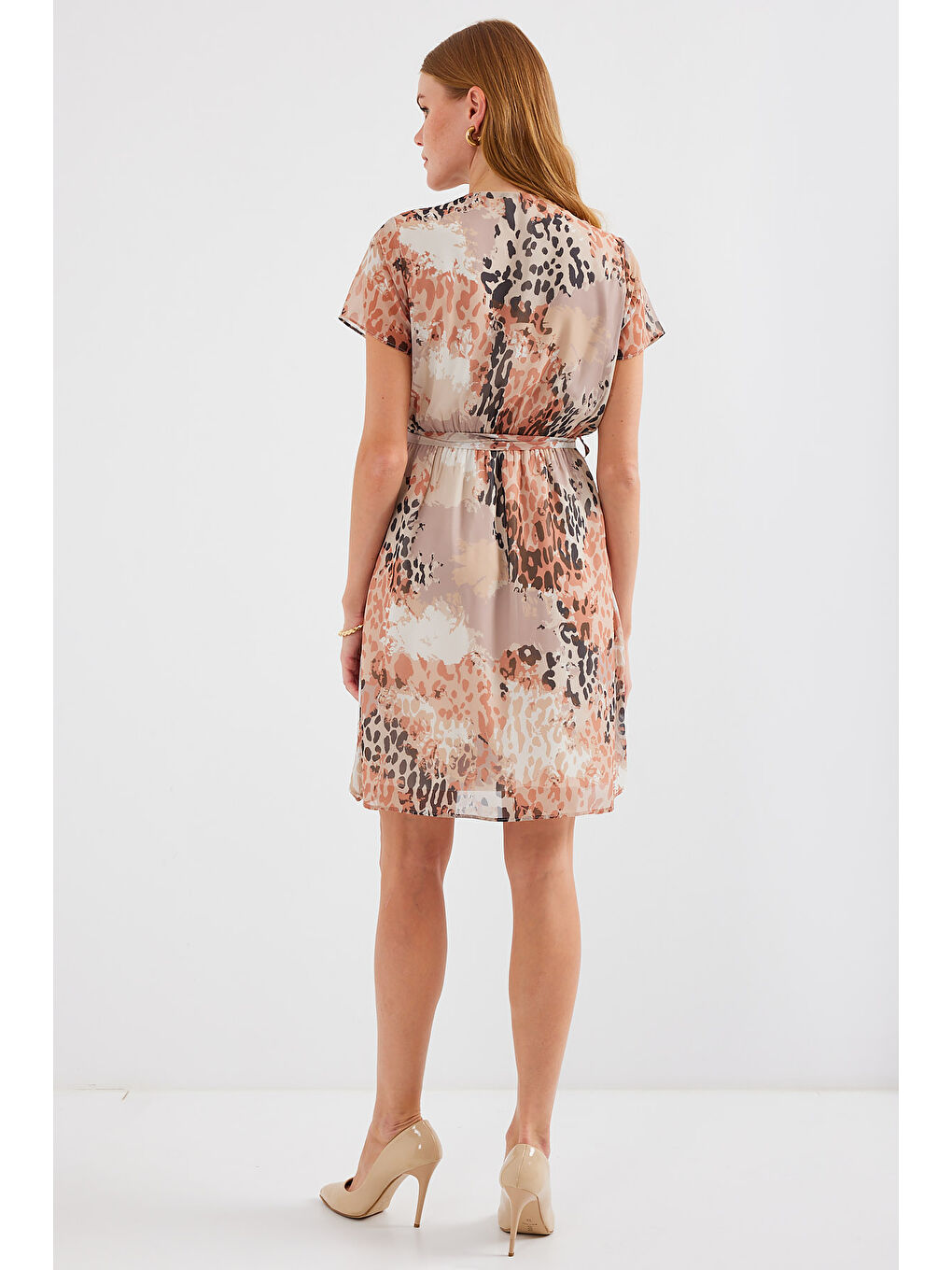 2502 Kısa Kol Desenli Şifon Elbise - Bej-5