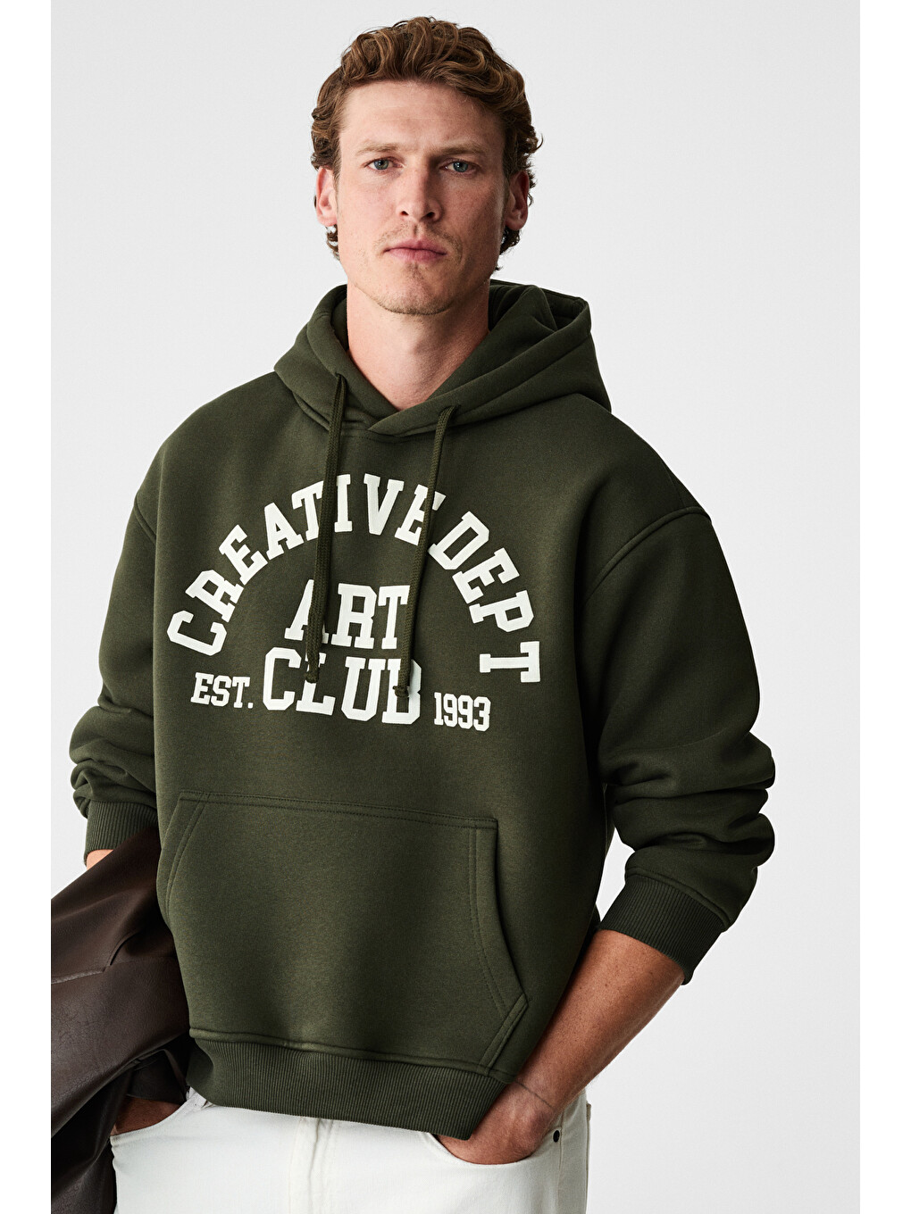 Cassıan Erkek Önü Kabaran Baskılı Kapüşonlu Kordonlu Kanguru Cepli Haki Sweatshirt-3