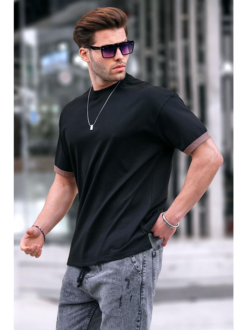 Siyah Oversize Bisiklet Yaka %100 Pamuk Tişört 6184