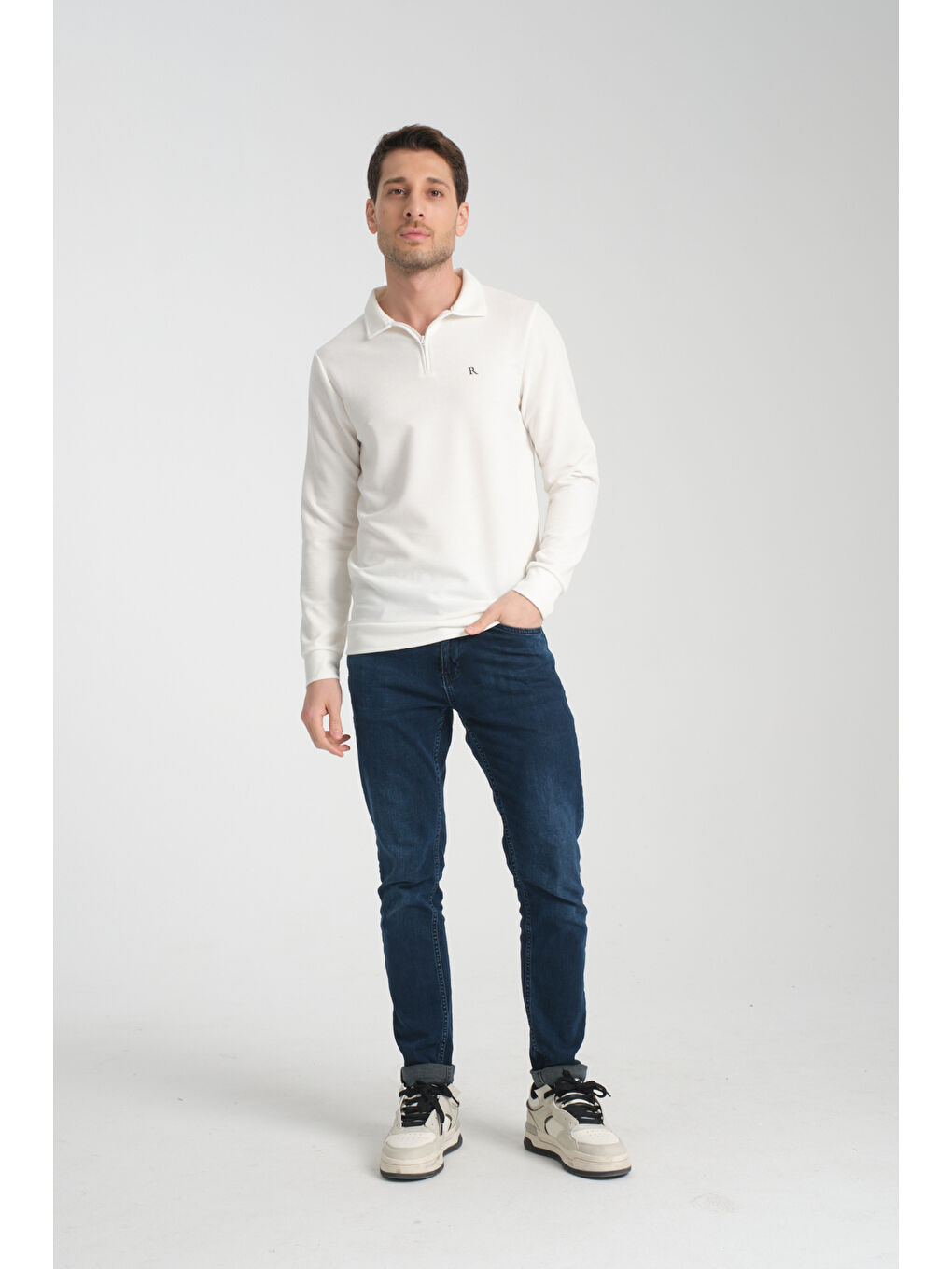 Ekru Erkek Yarım Fermuarlı Uzun Kol Sweatshirt 7702