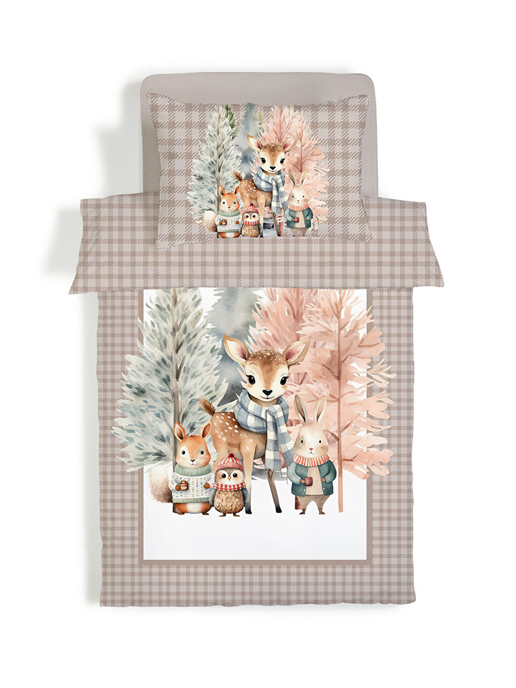 Karışık Sevimli Hayvanlar Desenli Çarşafsız 2 li Takım Baskılı Tek Kişilik Nevresim Takımı 160x220 cm-1