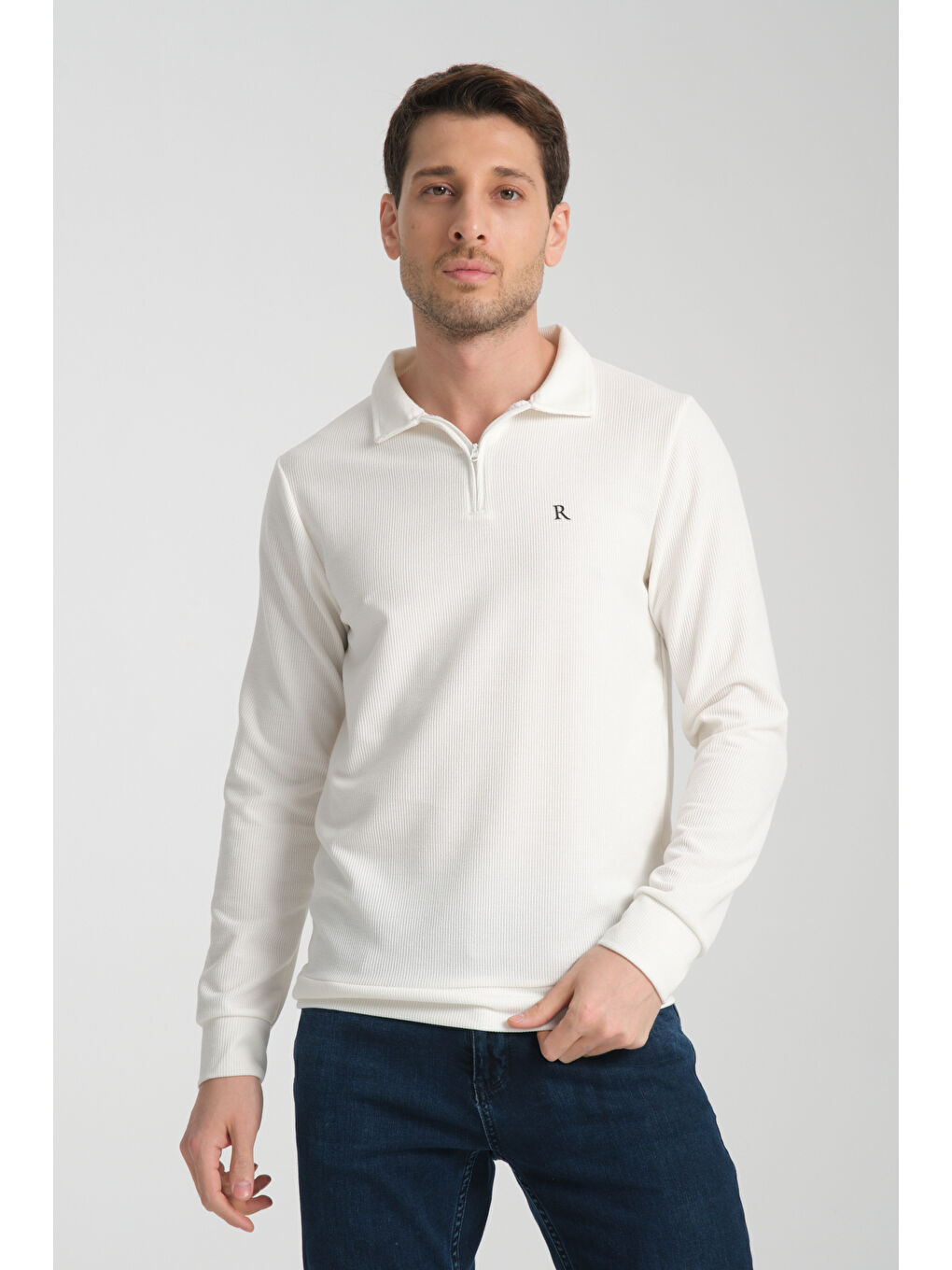 Ekru Erkek Yarım Fermuarlı Uzun Kol Sweatshirt 7702-1