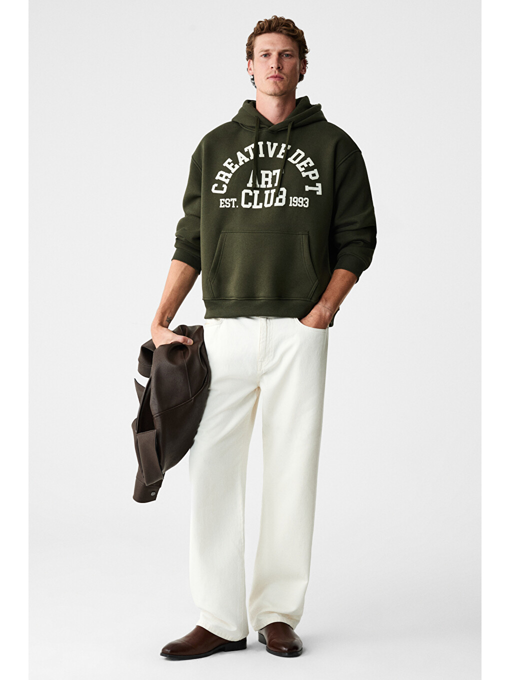 Cassıan Erkek Önü Kabaran Baskılı Kapüşonlu Kordonlu Kanguru Cepli Haki Sweatshirt-4