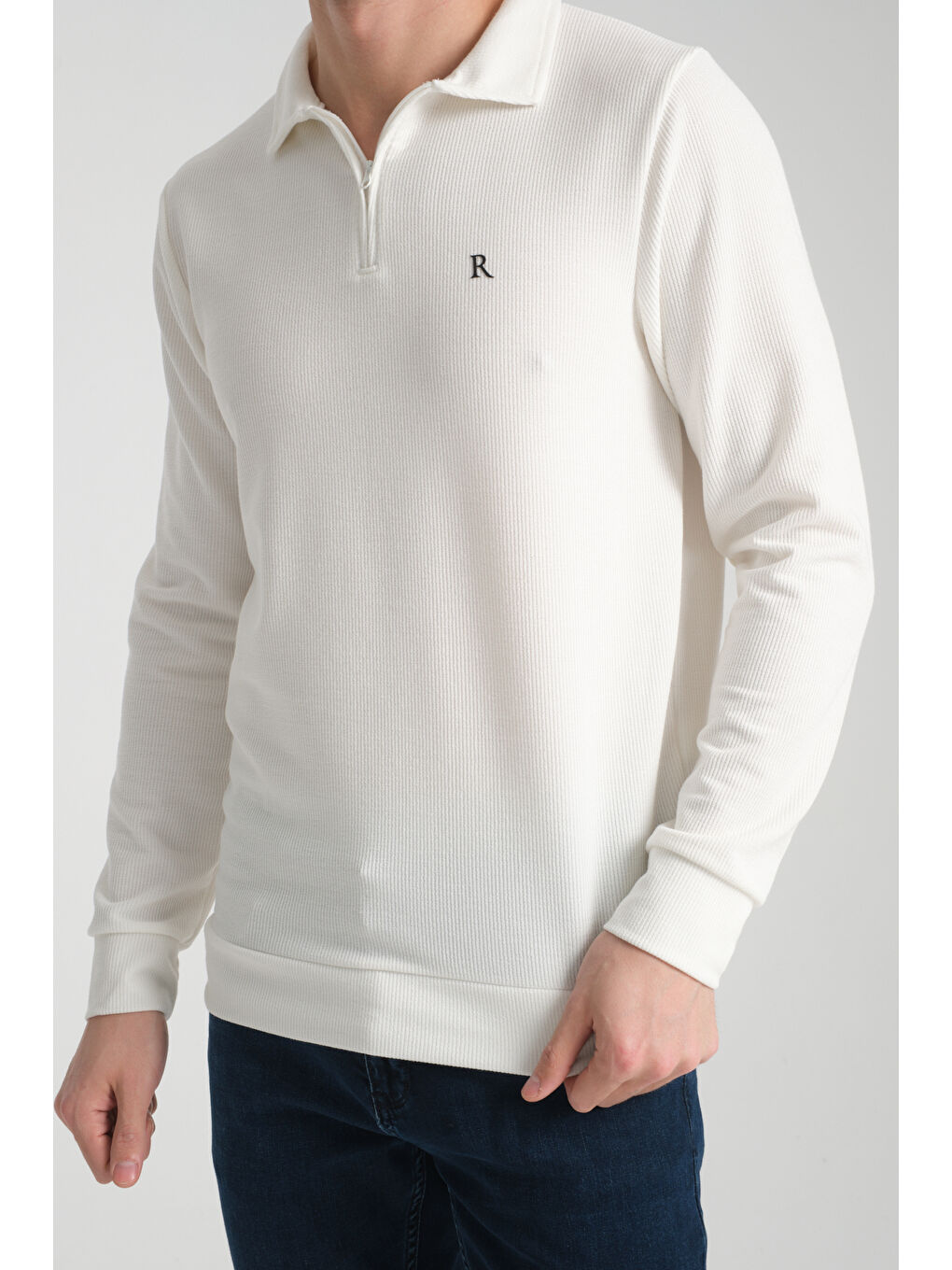 Ekru Erkek Yarım Fermuarlı Uzun Kol Sweatshirt 7702-2