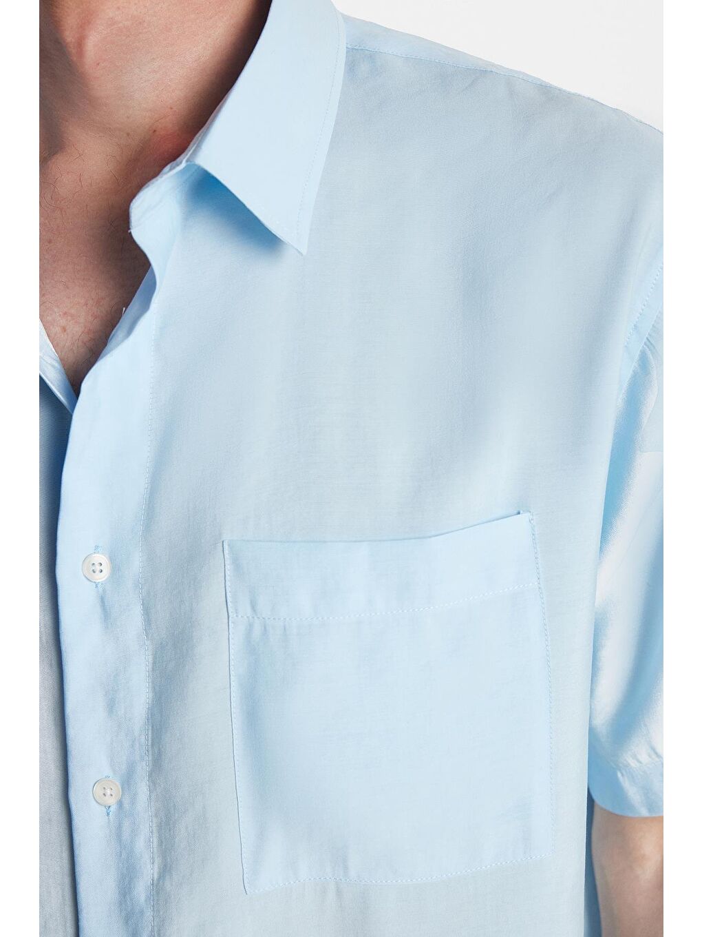 Erkek Relax Fit Rahat Kullanım Modal Kumaş Tek Cepli Kısa Kollu Mavi Gömlek-2