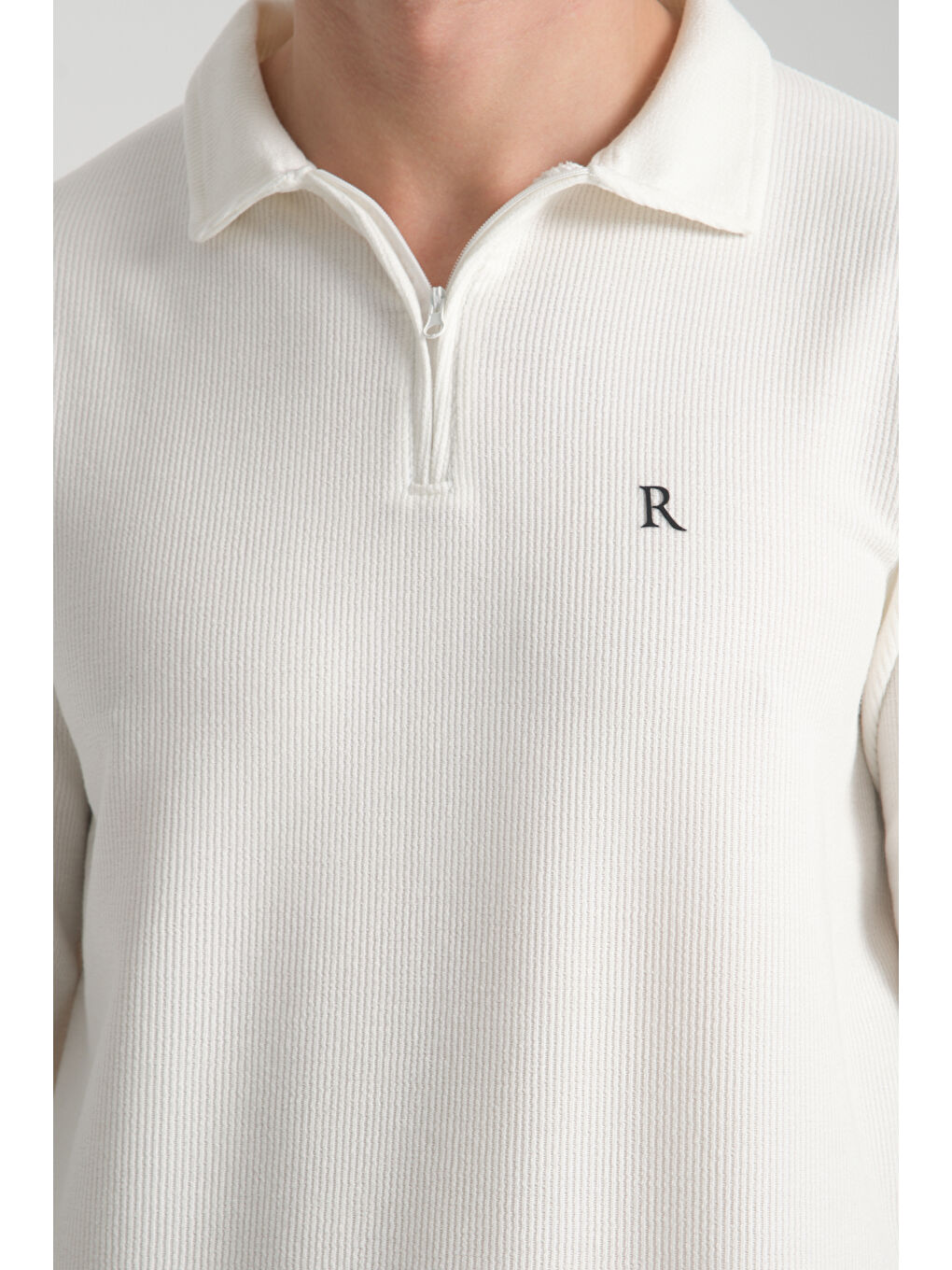 Ekru Erkek Yarım Fermuarlı Uzun Kol Sweatshirt 7702-3