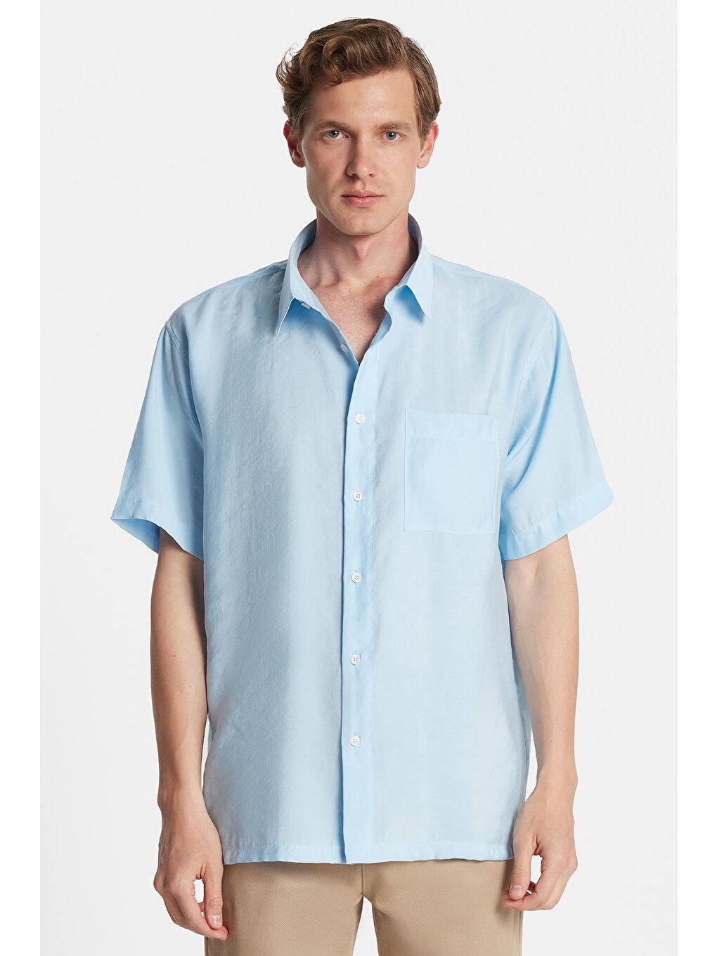 Erkek Relax Fit Rahat Kullanım Modal Kumaş Tek Cepli Kısa Kollu Mavi Gömlek-3