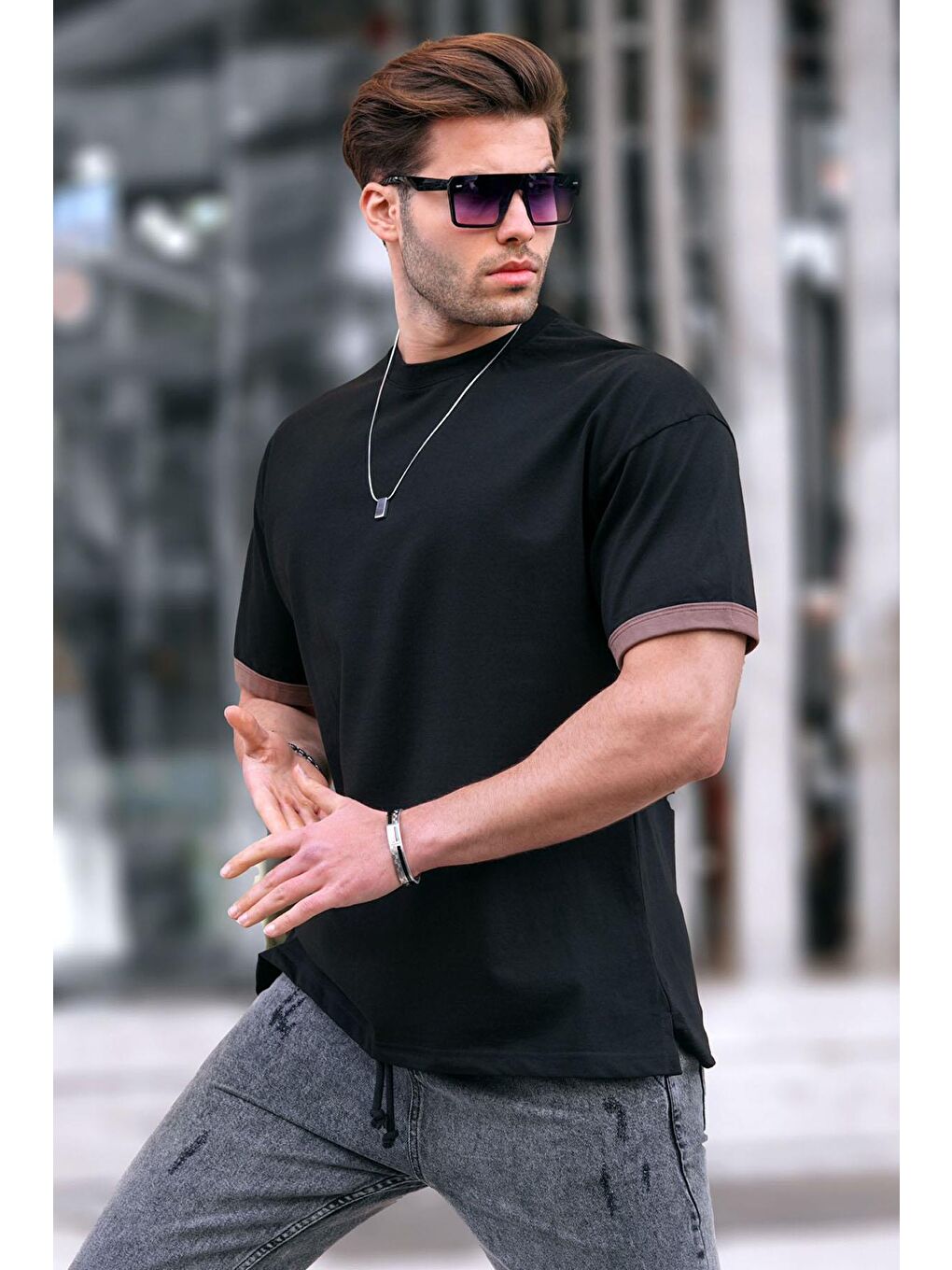 Siyah Oversize Bisiklet Yaka %100 Pamuk Tişört 6184-1