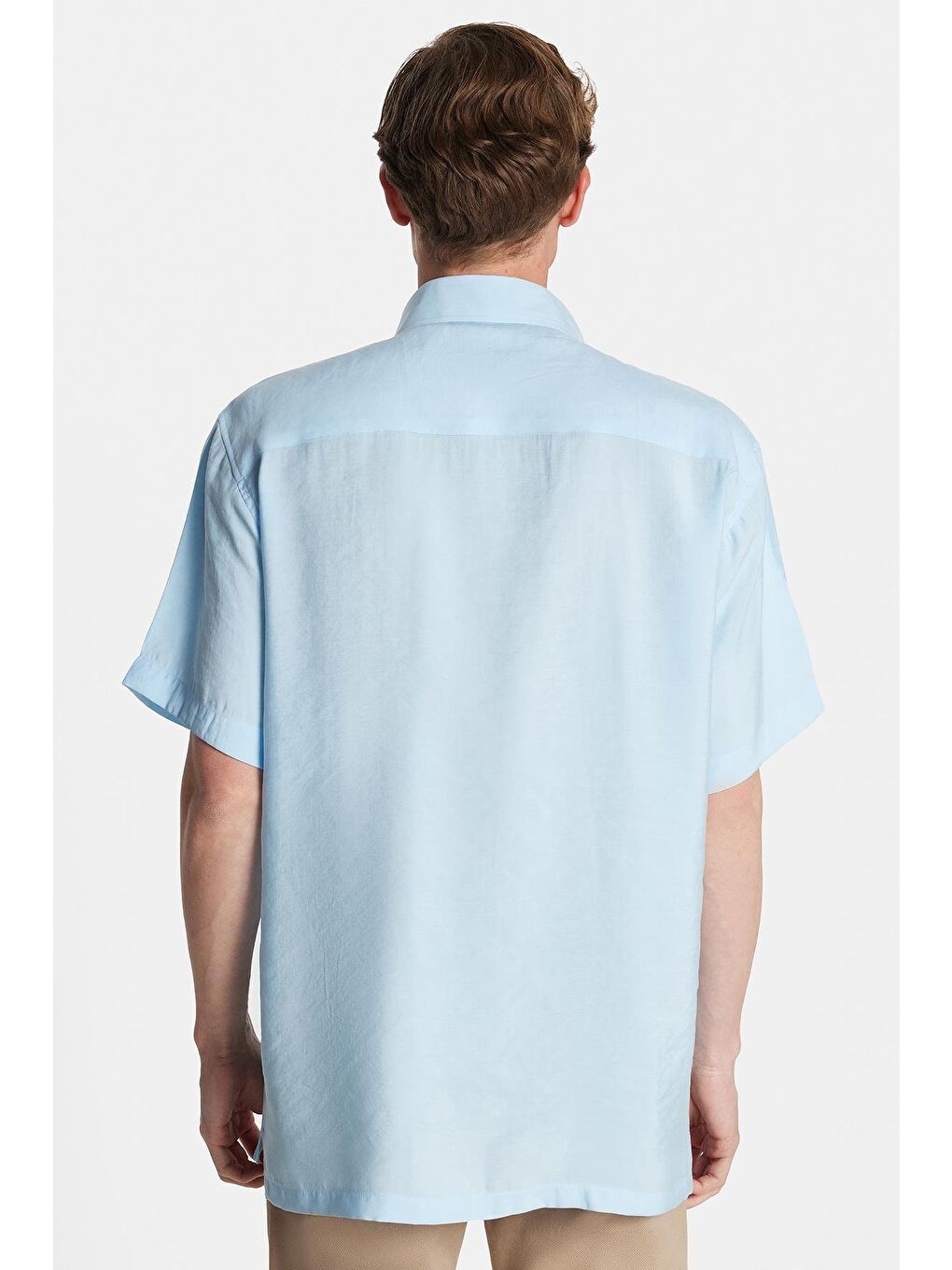 Erkek Relax Fit Rahat Kullanım Modal Kumaş Tek Cepli Kısa Kollu Mavi Gömlek-4