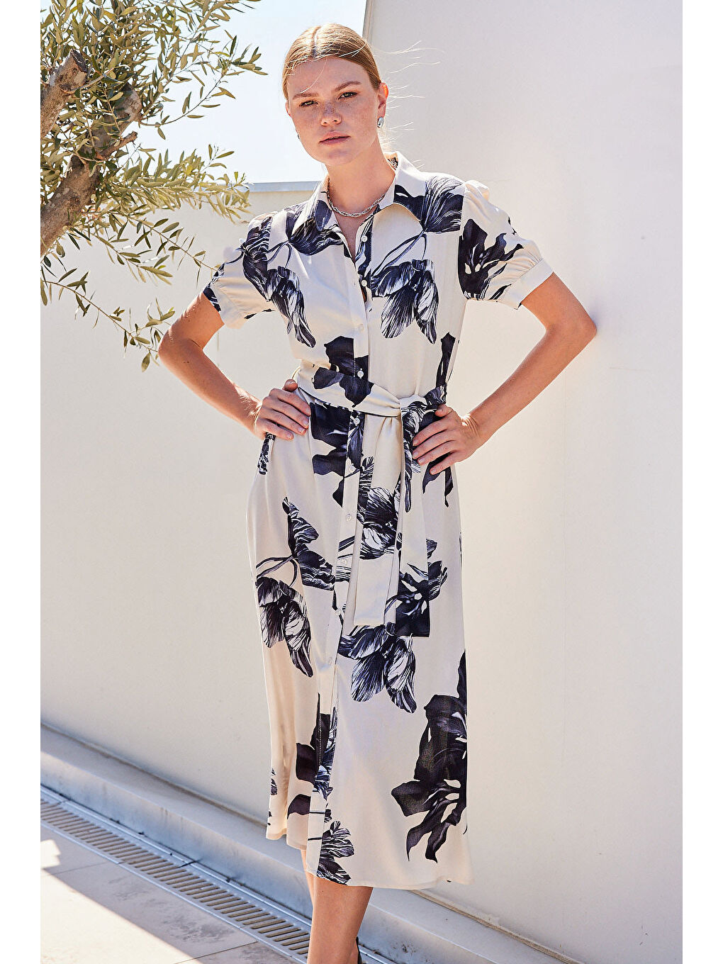 2213 Kısa Kol Viskon Elbise - Ekru