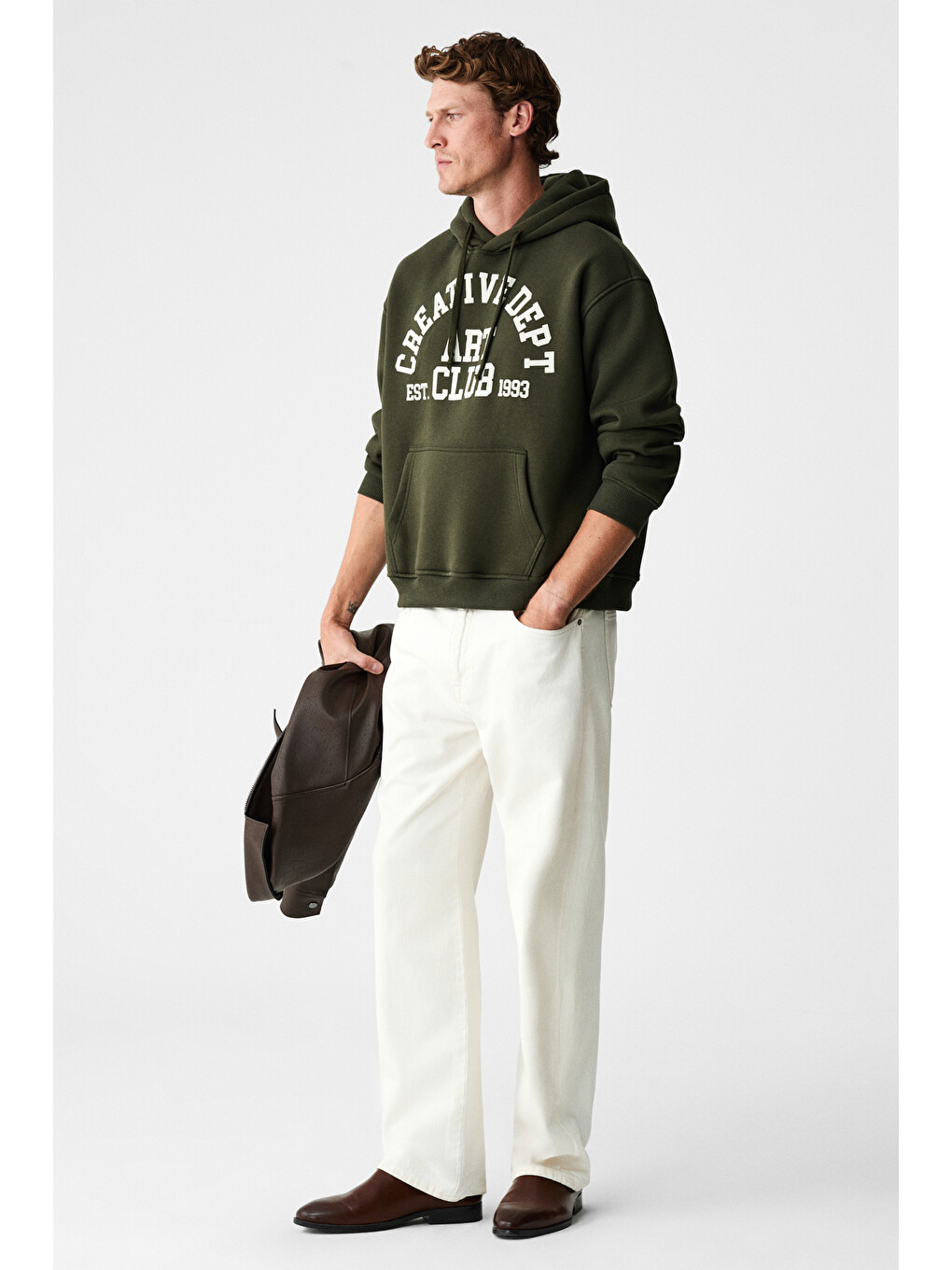 Cassıan Erkek Önü Kabaran Baskılı Kapüşonlu Kordonlu Kanguru Cepli Haki Sweatshirt-5