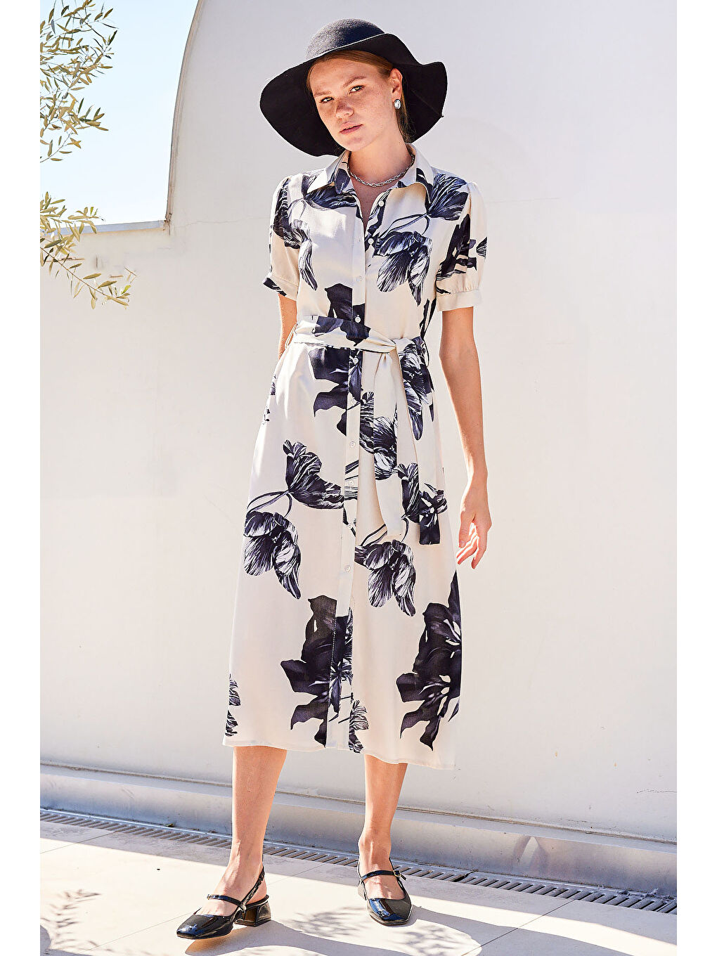 2213 Kısa Kol Viskon Elbise - Ekru-1