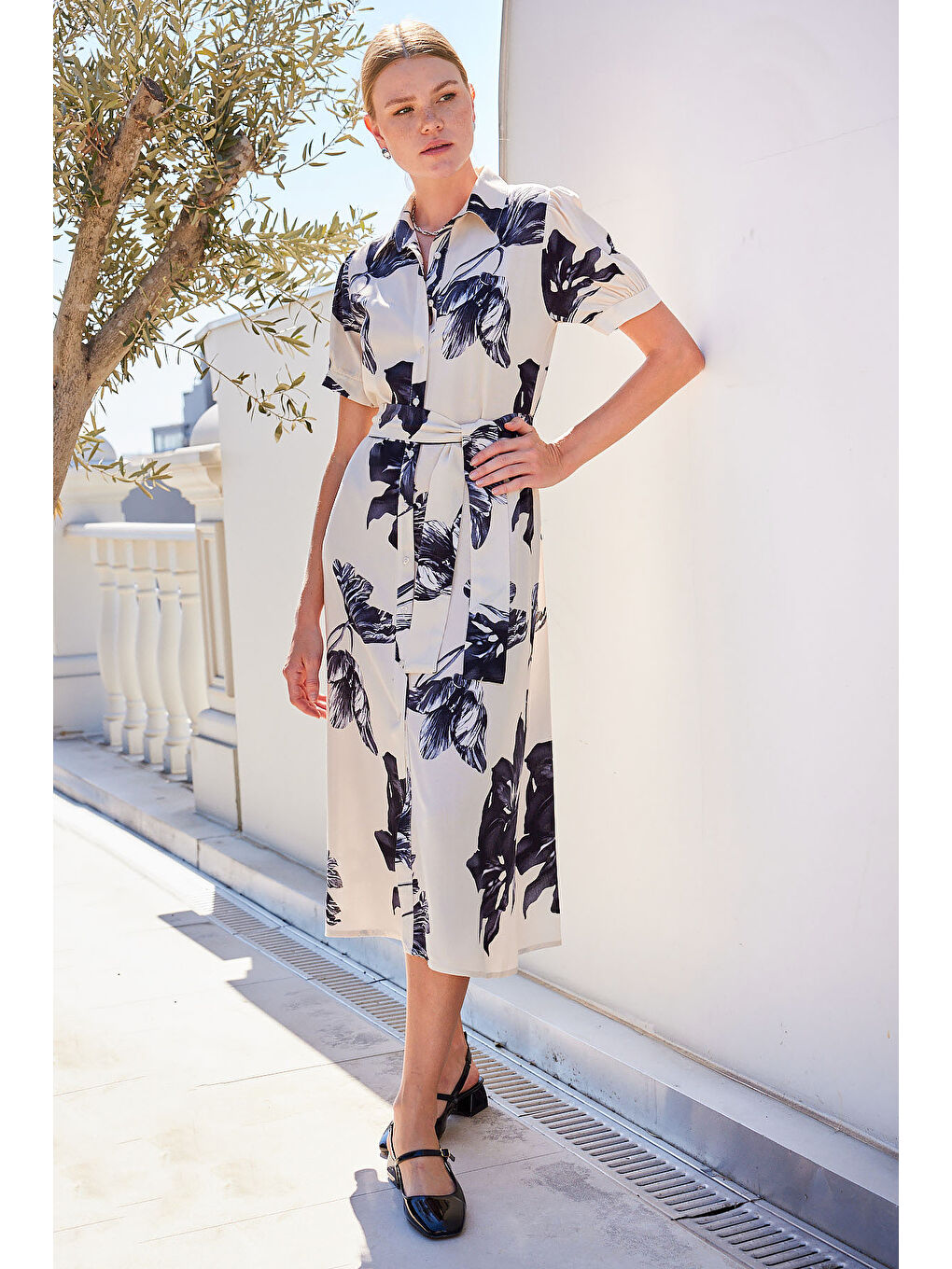 2213 Kısa Kol Viskon Elbise - Ekru-2