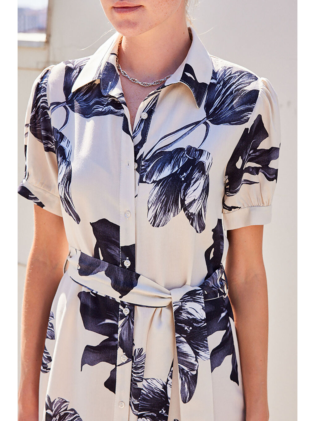 2213 Kısa Kol Viskon Elbise - Ekru-4