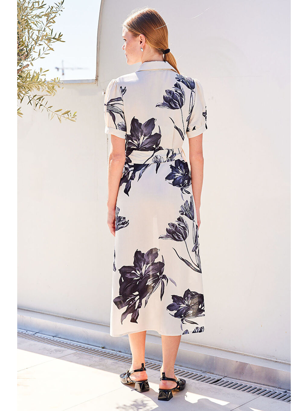 2213 Kısa Kol Viskon Elbise - Ekru-5