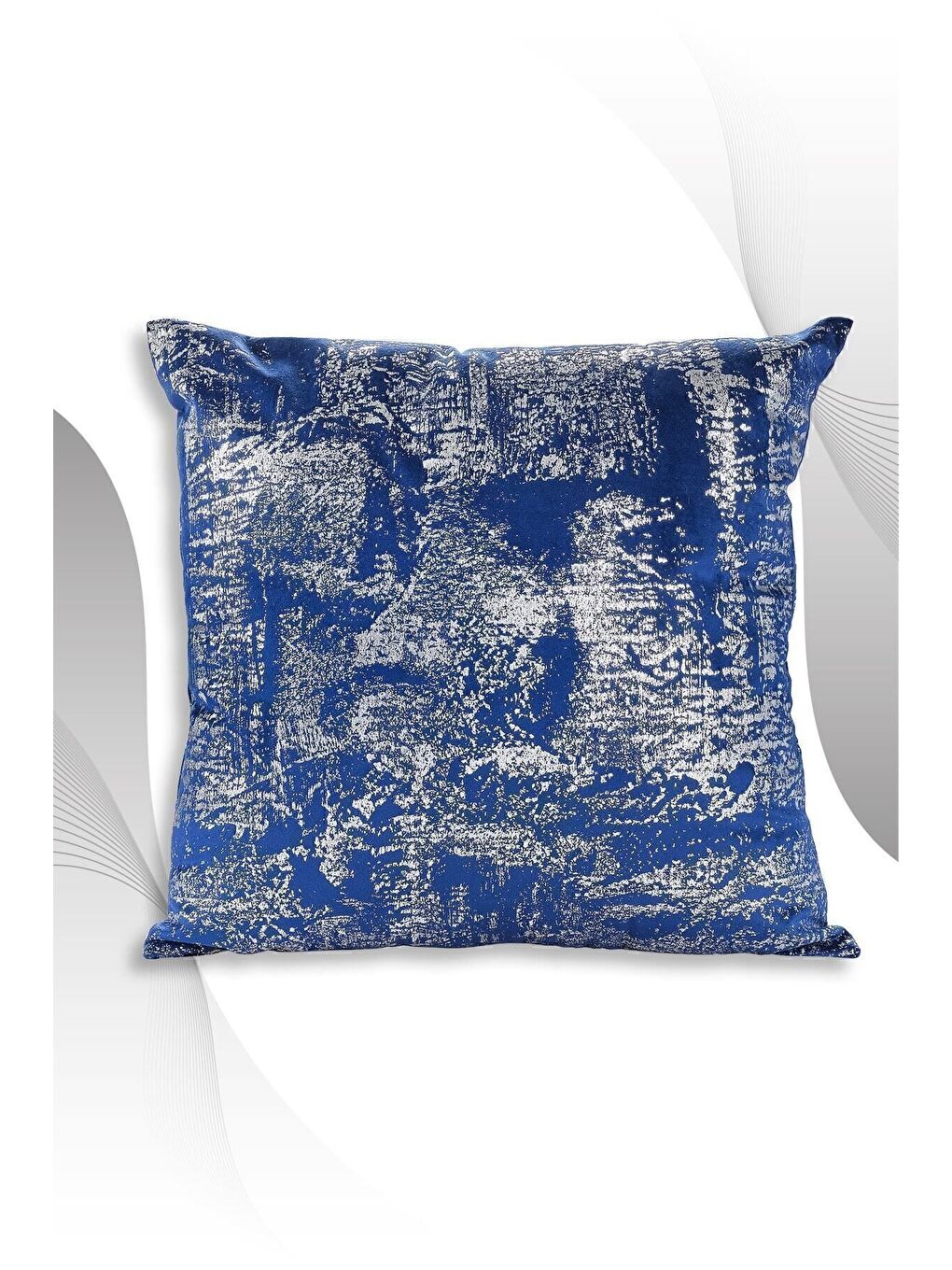 Lacivert Gümüş Kırlent Kılıfı Dekoratif Desenli Kadife-1